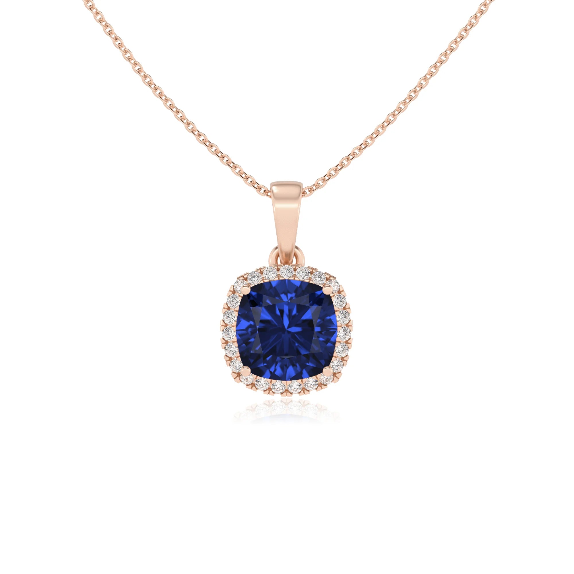 lab grown blue-sapphire cushion solitaire necklaces in rose gold