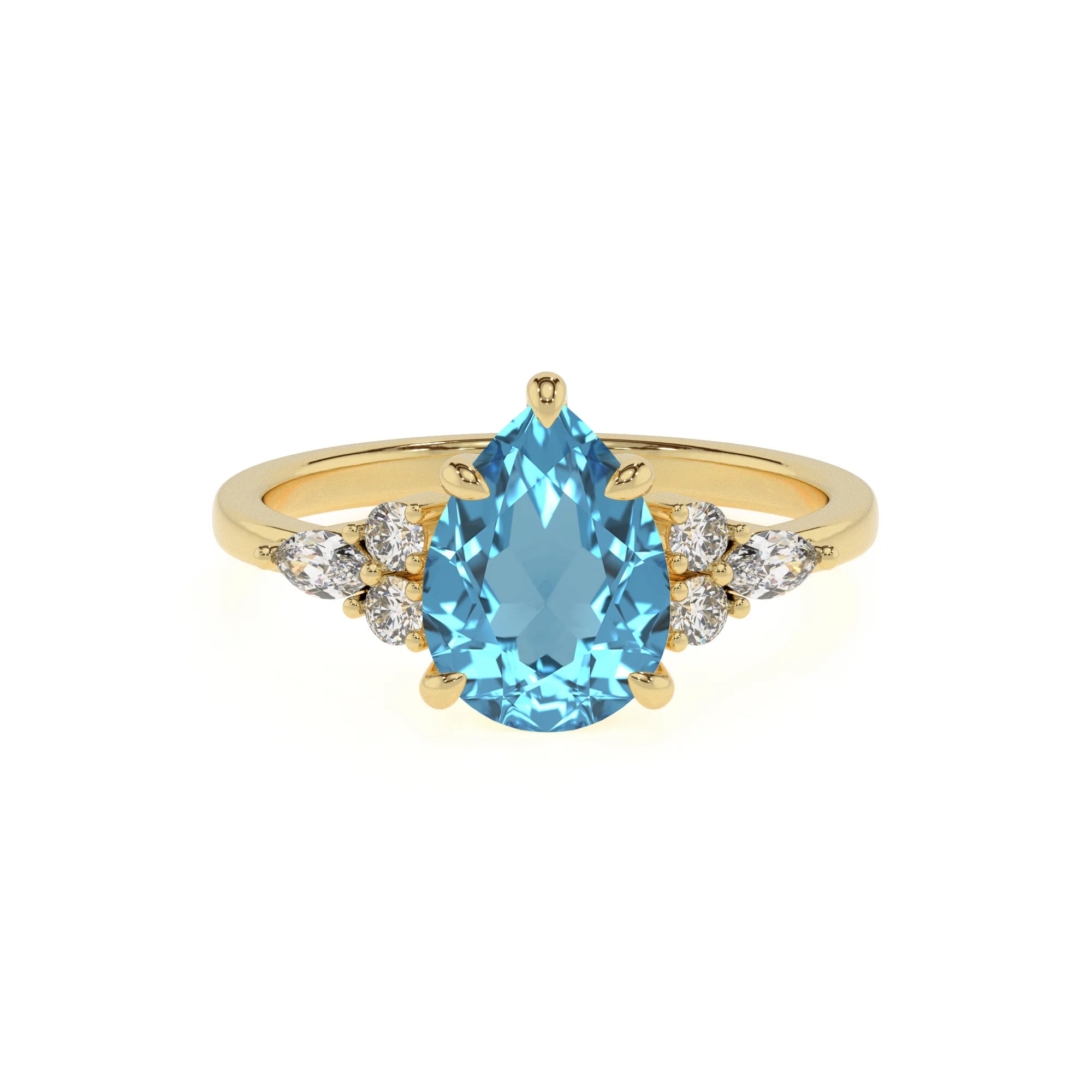 natural swiss-blue-topaz pear solitaire rings in yellow gold