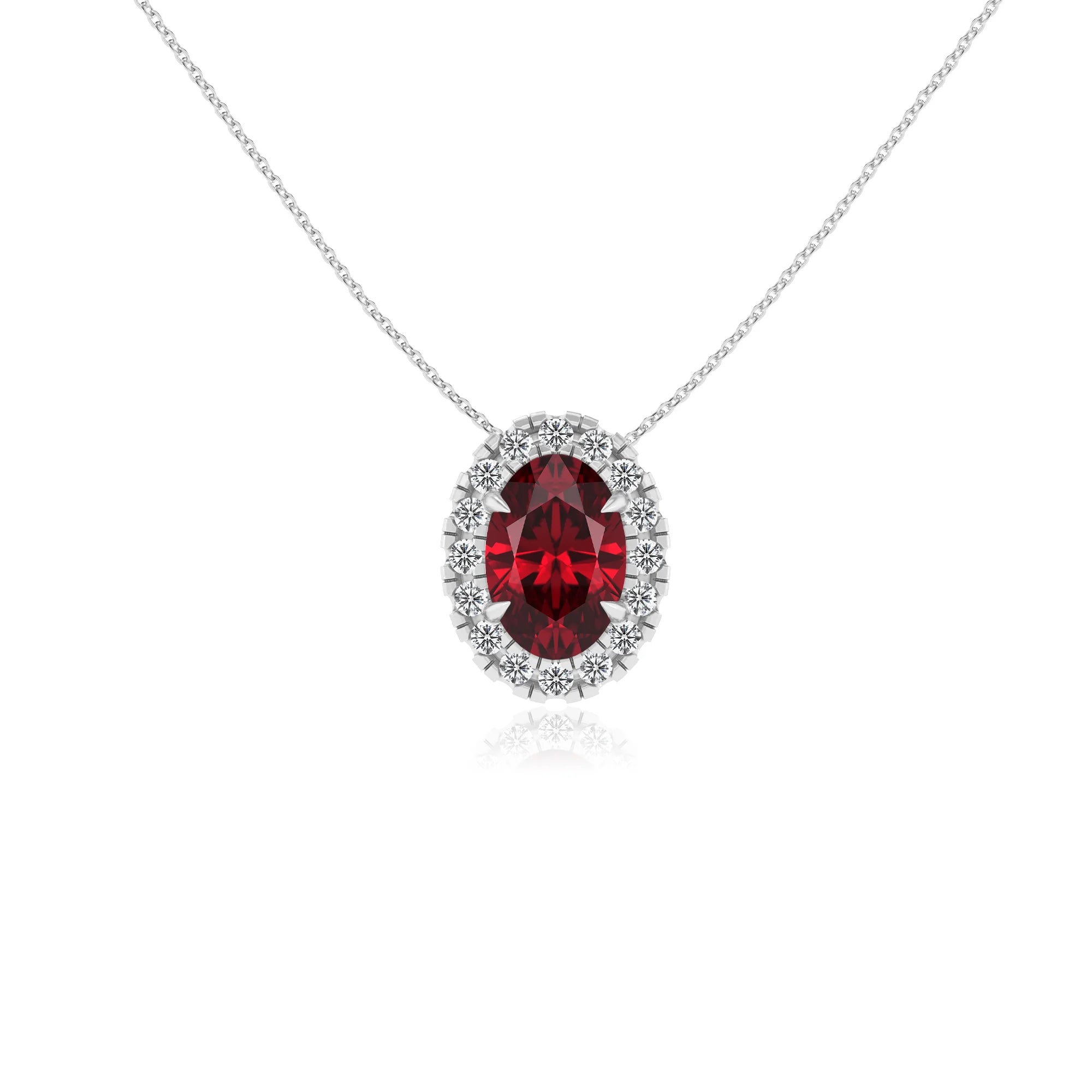lab grown ruby oval solitaire necklaces in white gold
