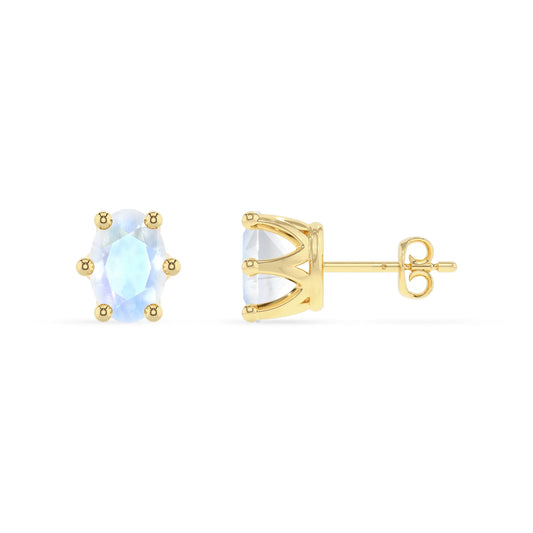natural rainbow moonstone oval stud earrings in yellow gold