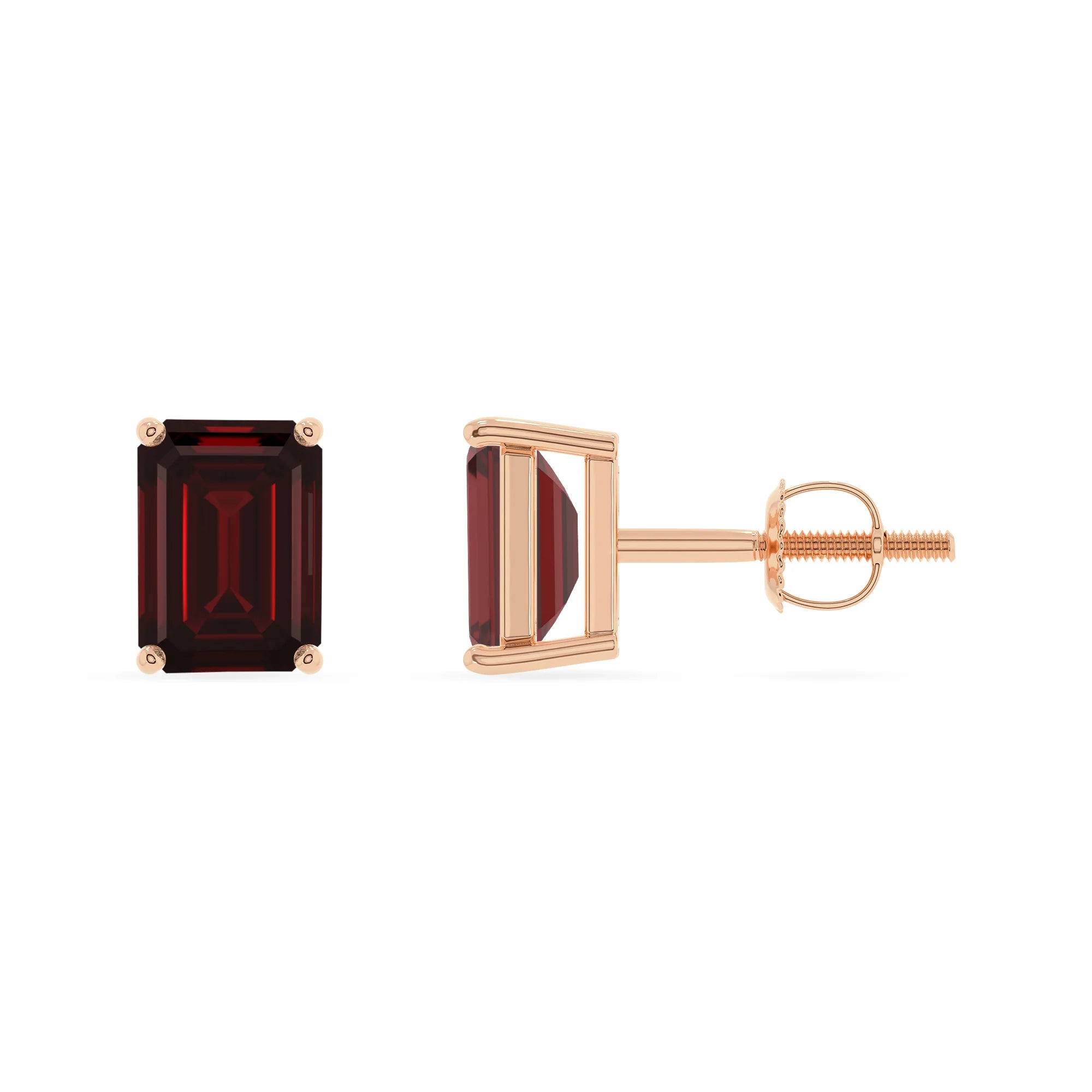 natural garnet emerald cut stud earrings in rose gold