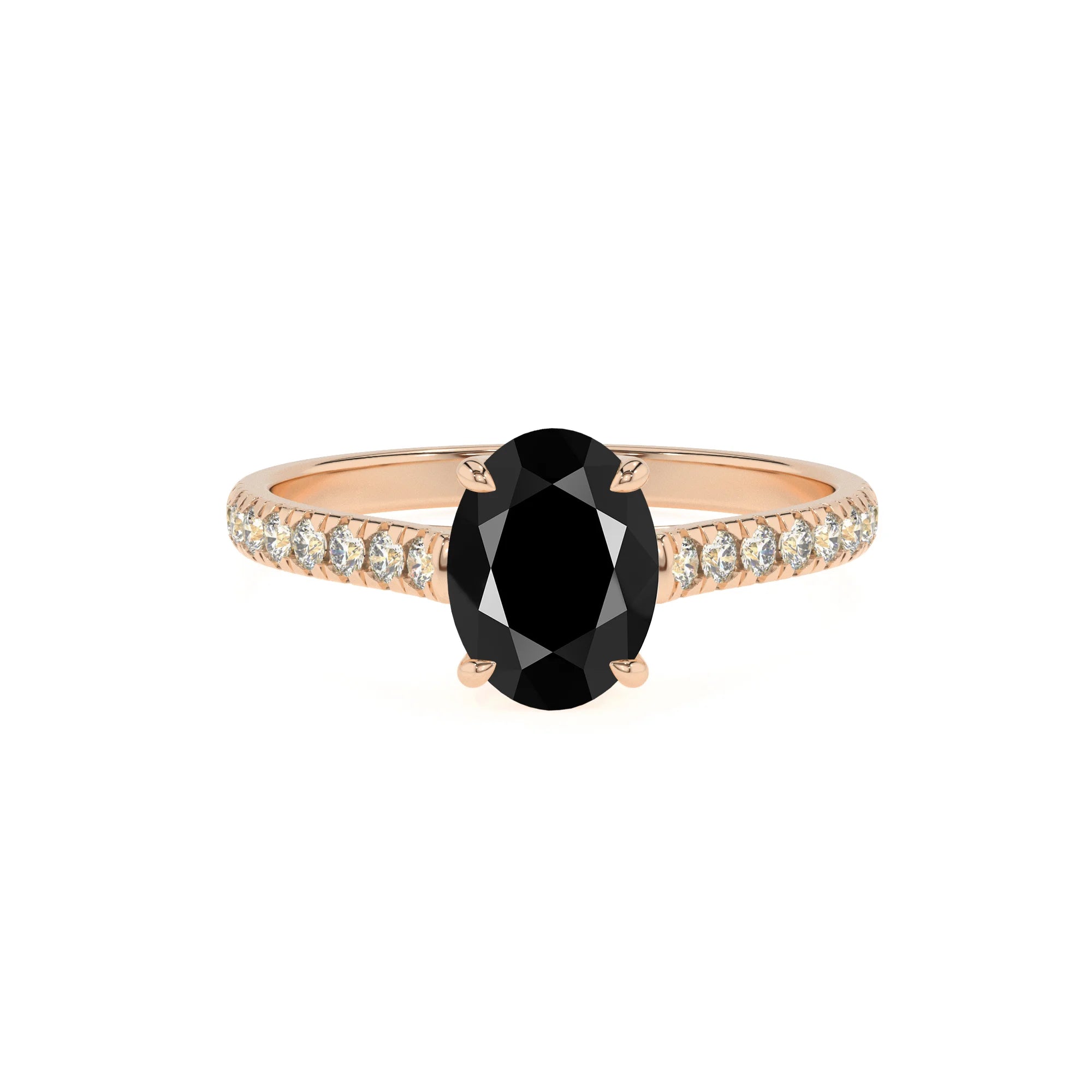 natural black-onyx oval half eternity solitaire engagement rings in rose gold