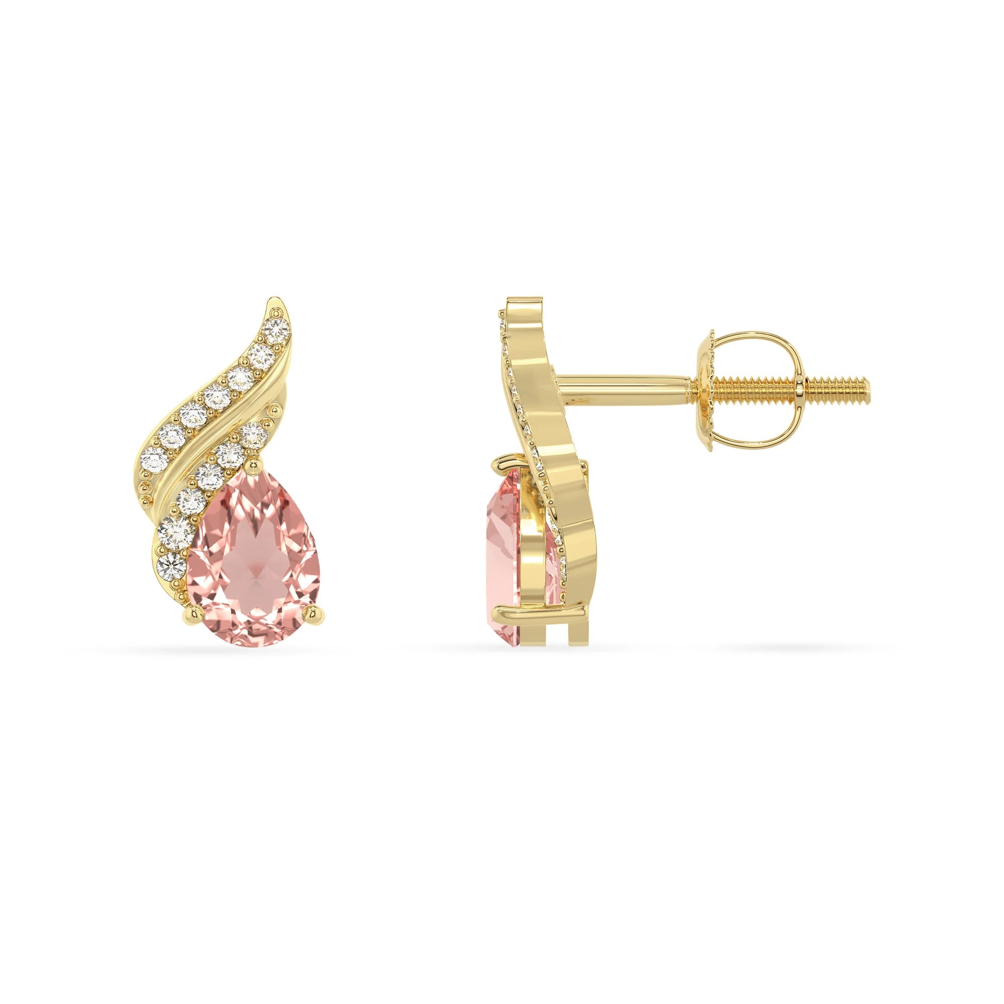 lab grown morganite pear stud earrings in yellow gold