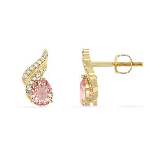 lab grown morganite pear stud earrings in yellow gold