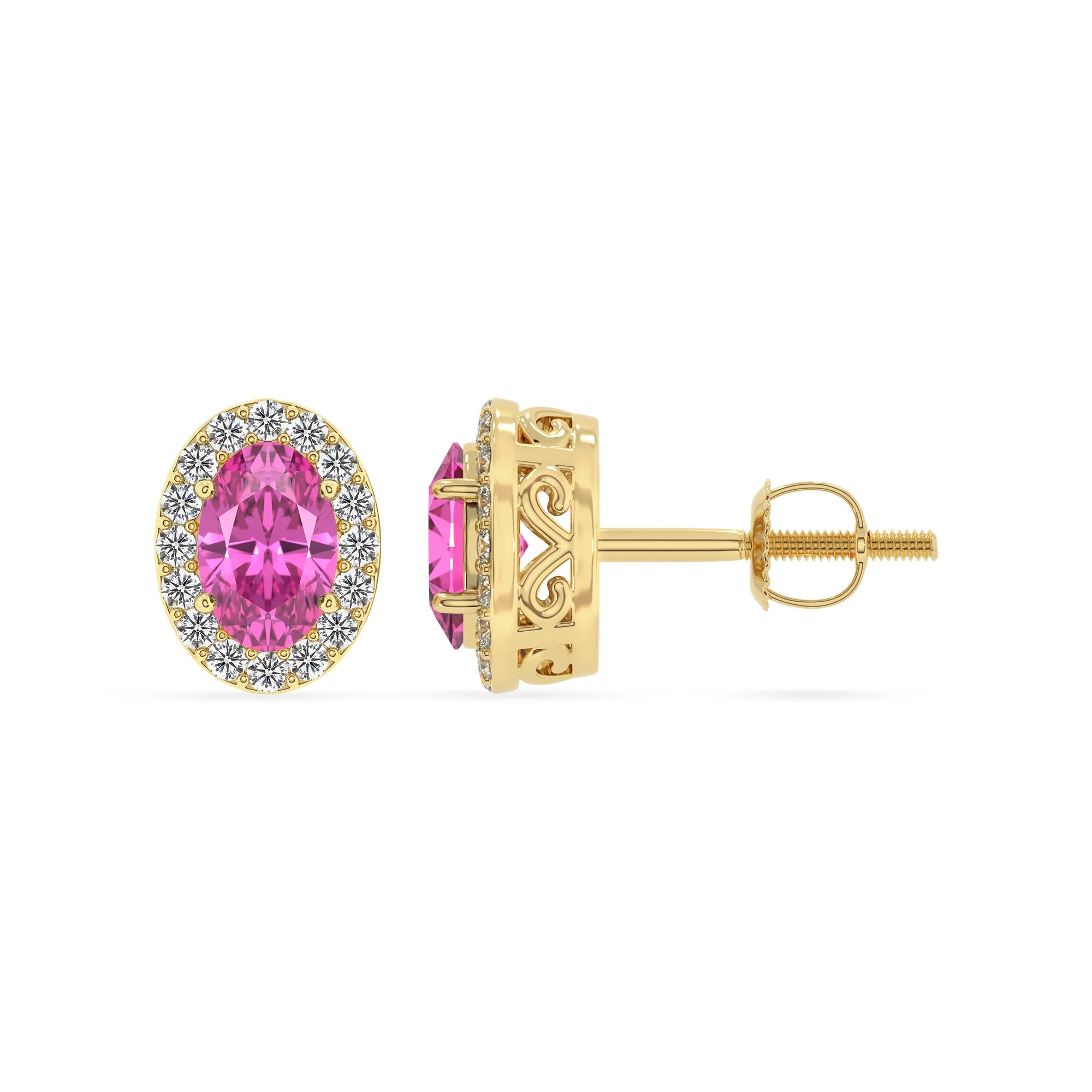 lab grown pink sapphire oval stud earrings in yellow gold