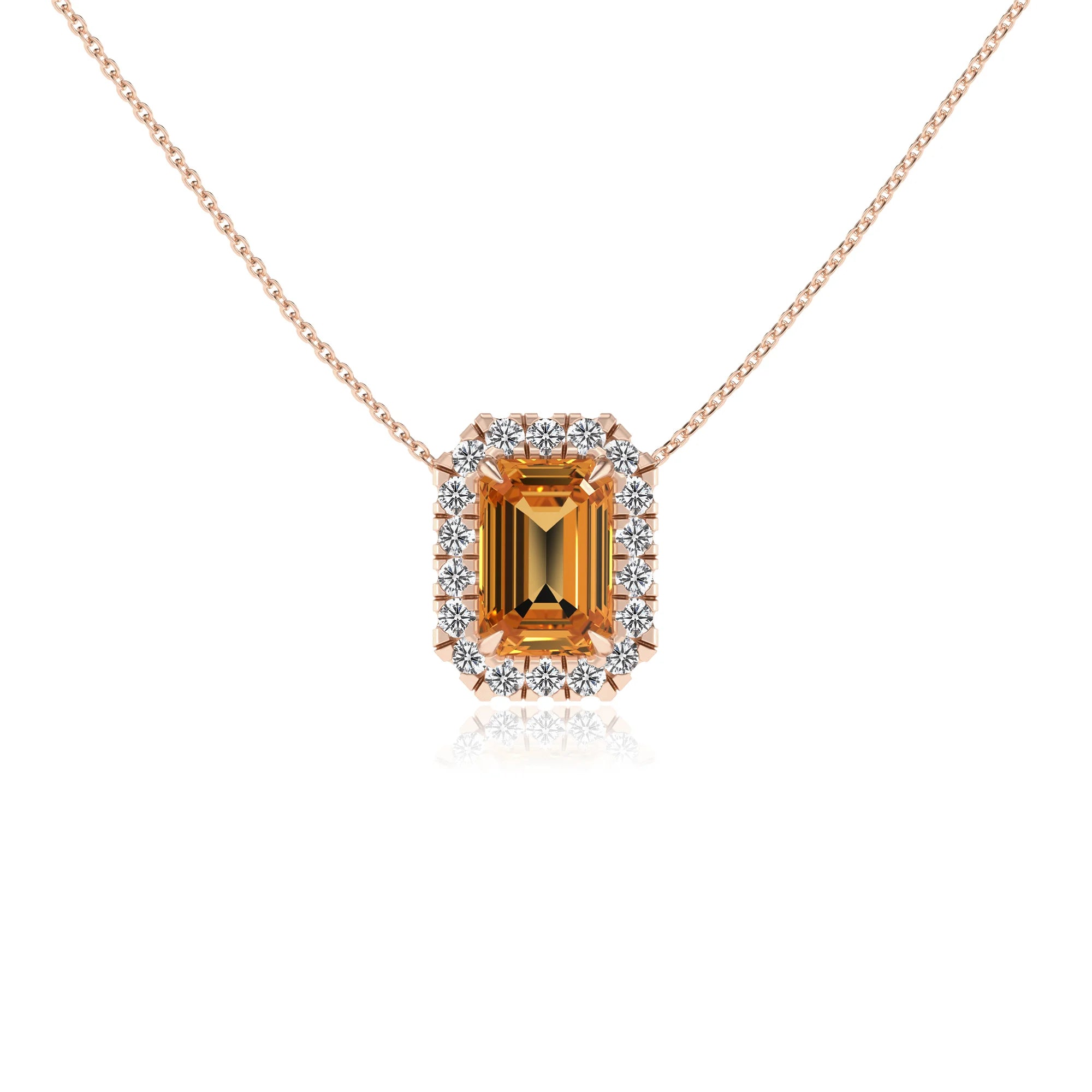 lab grown citrine emerald cut solitaire necklaces in rose gold