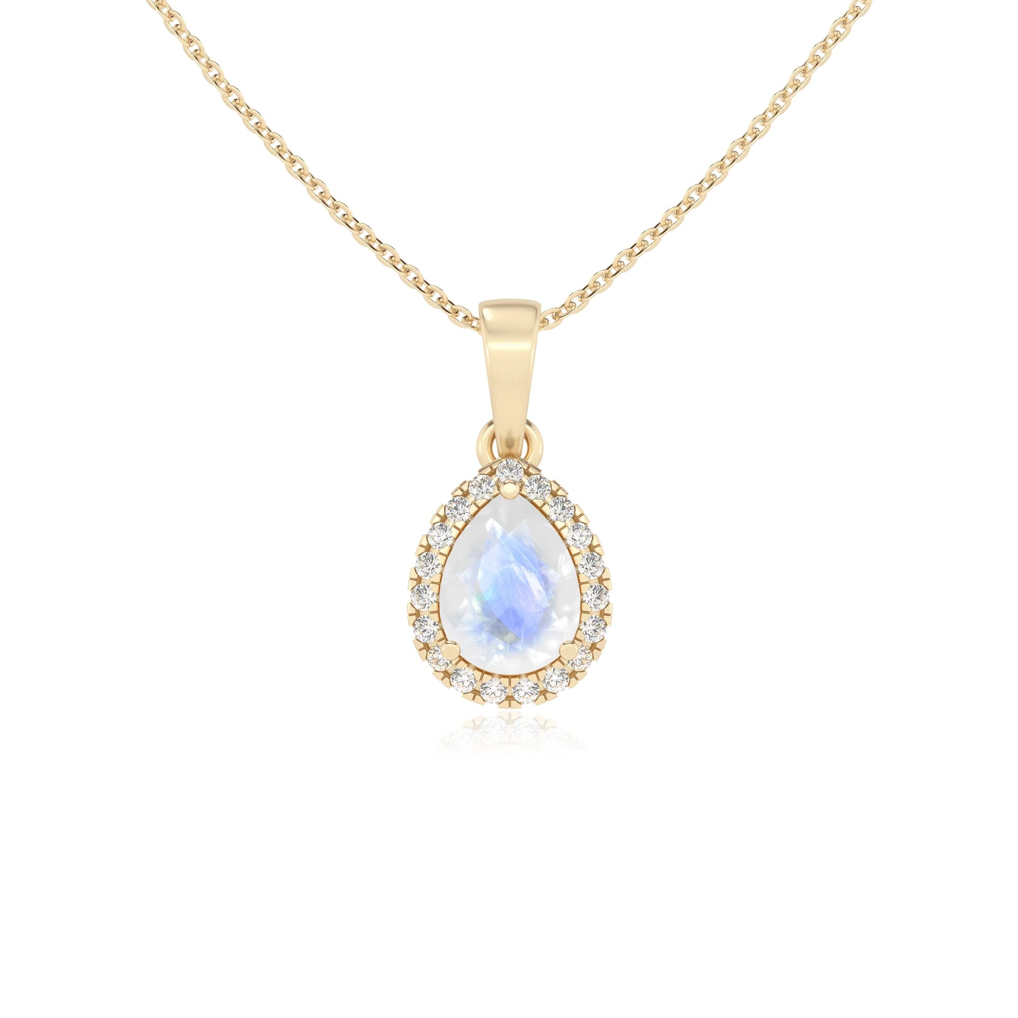 natural rainbow-moonstone pear solitaire necklaces in yellow gold