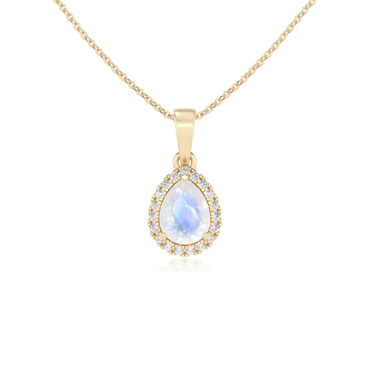 natural rainbow-moonstone pear solitaire necklaces in yellow gold