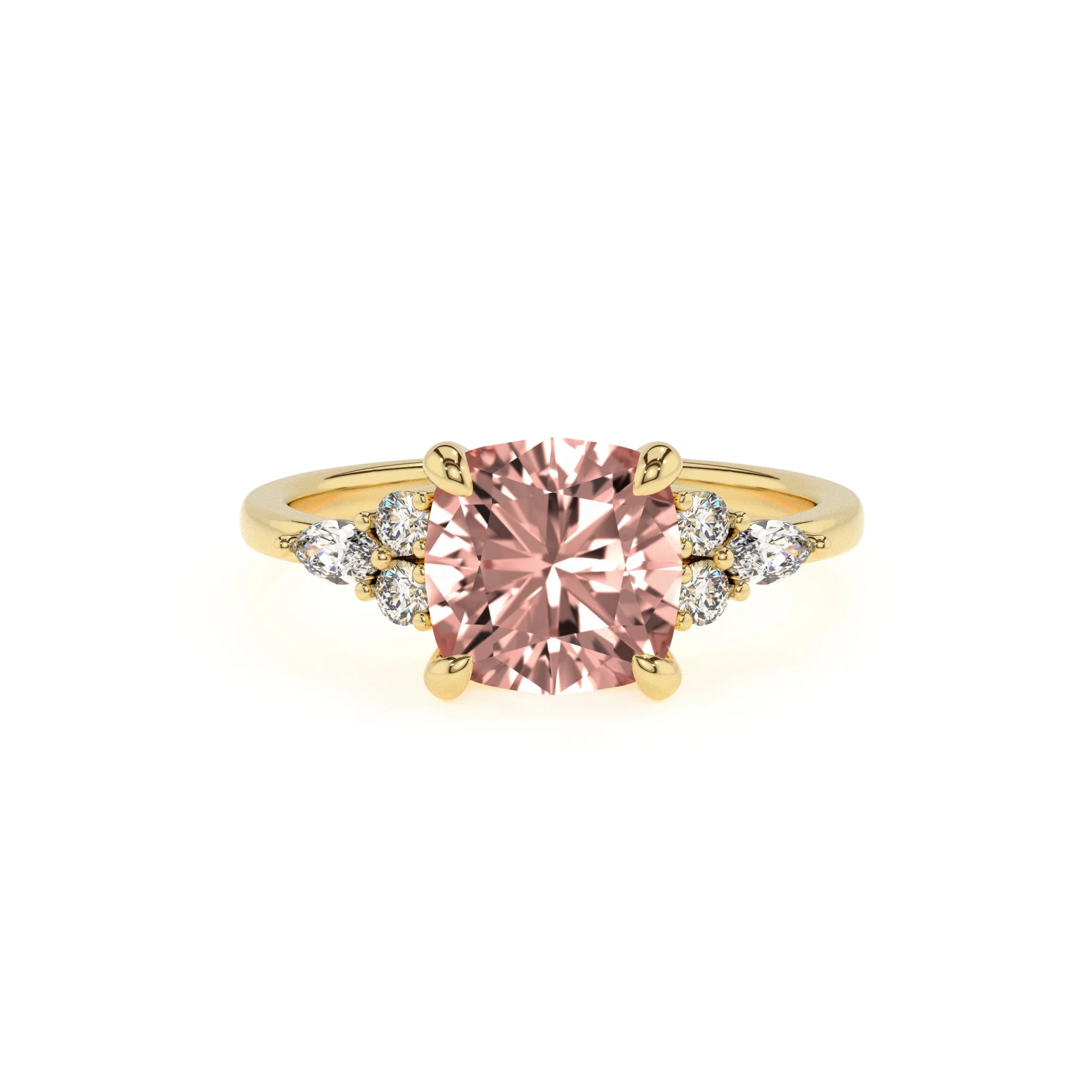 lab grown morganite cushion solitaire rings in yellow gold