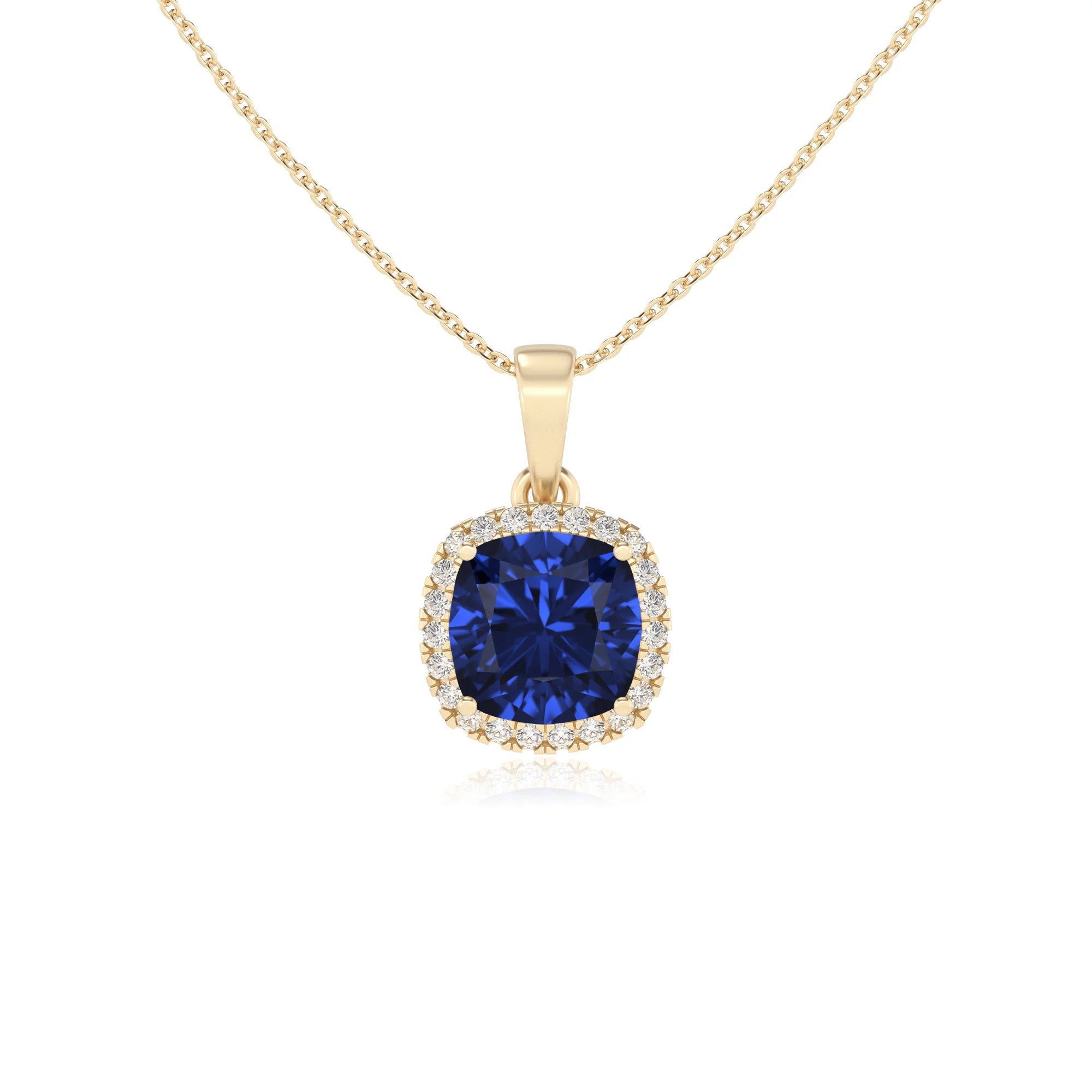 lab grown blue-sapphire cushion solitaire necklaces in yellow gold