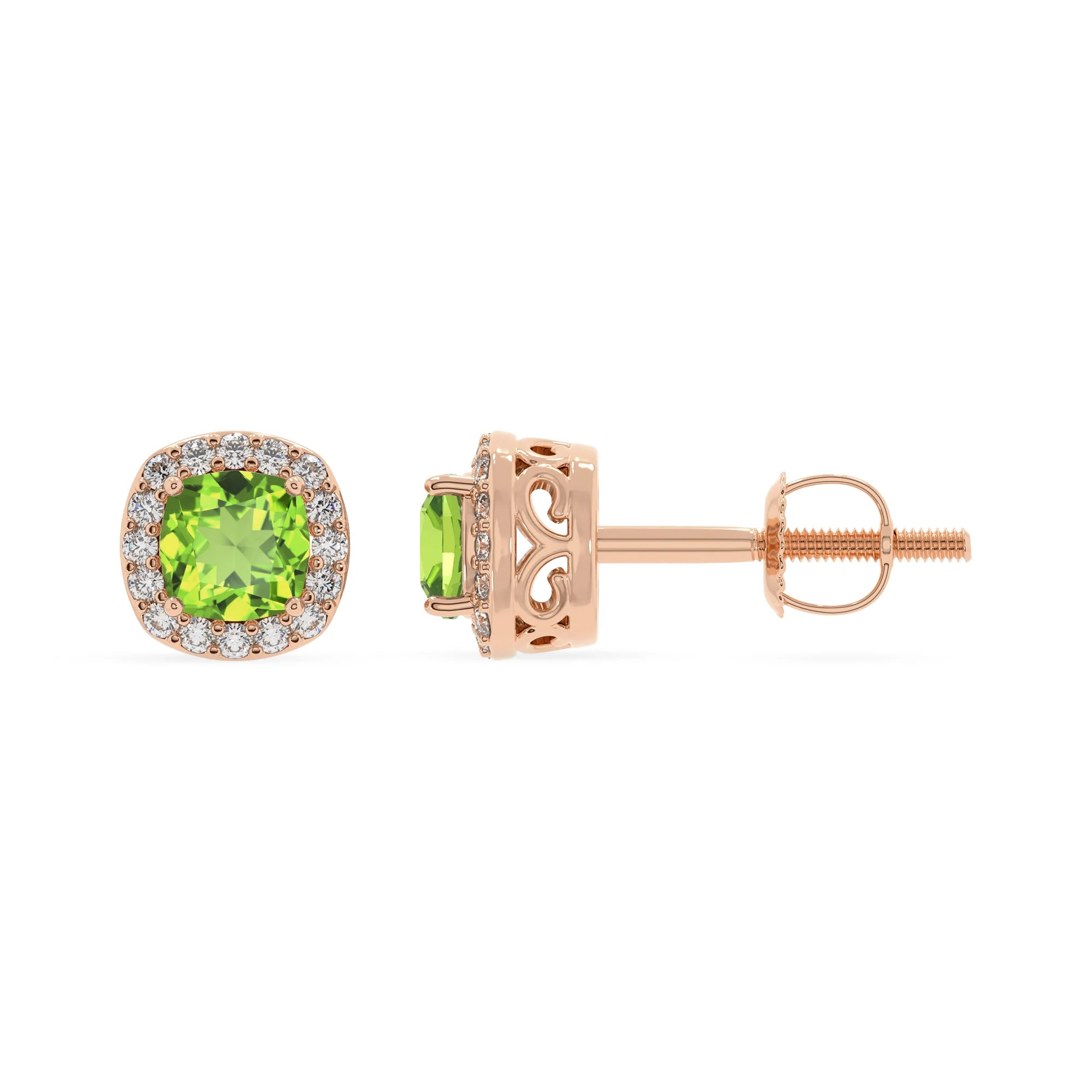 natural peridot cushion stud earrings in rose gold