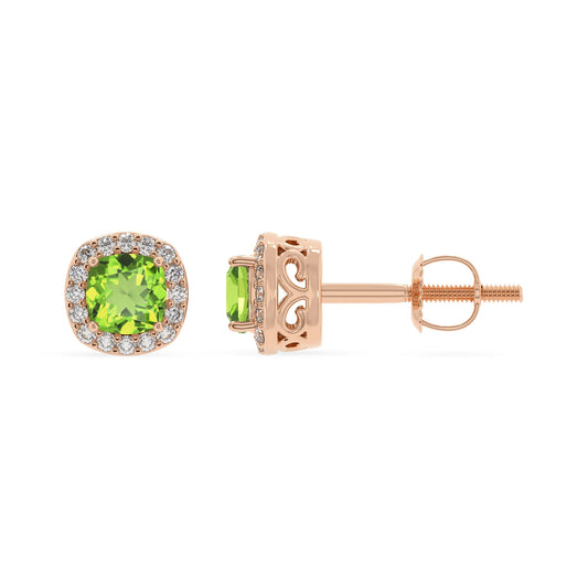 natural peridot cushion stud earrings in rose gold