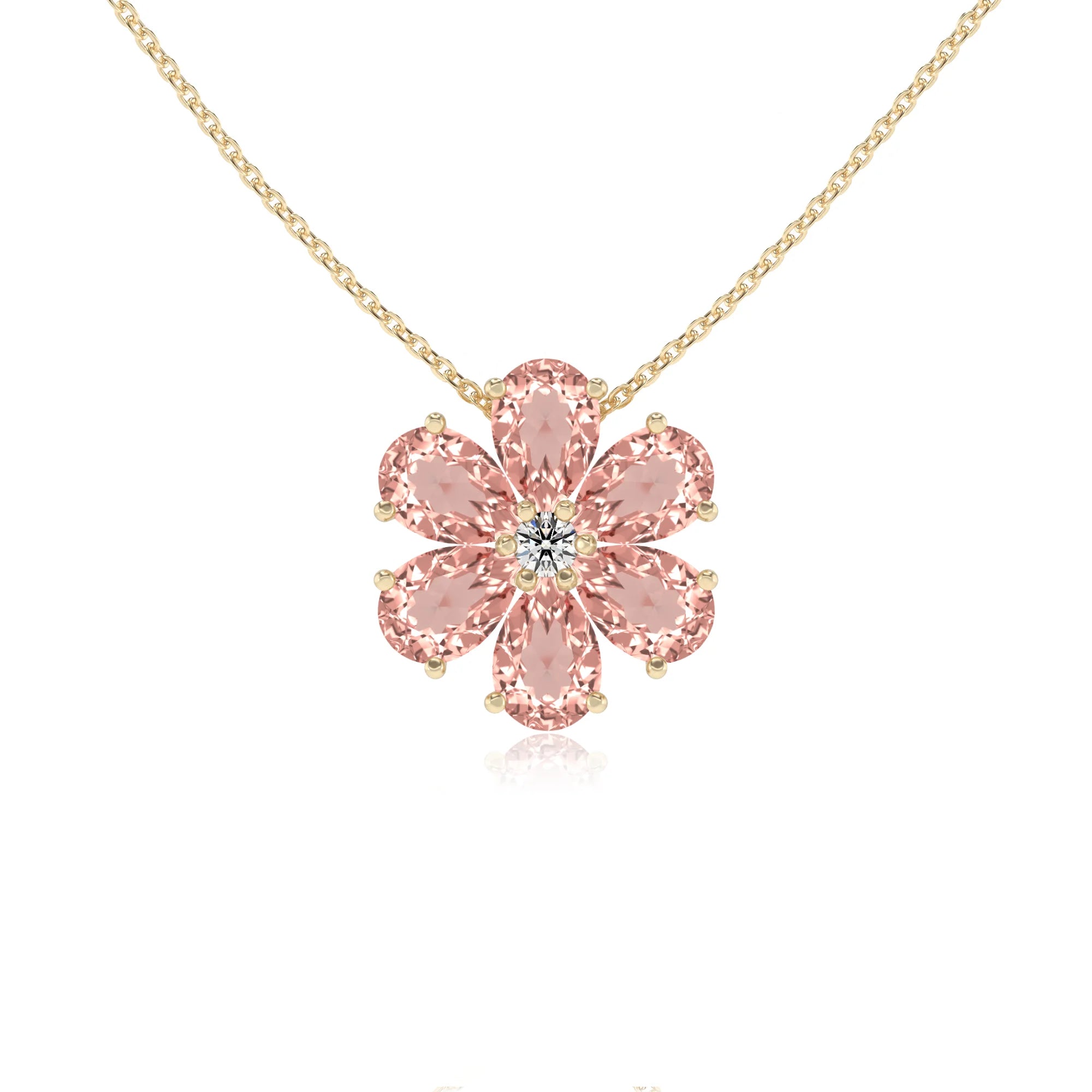 lab grown morganite pear solitaire necklaces in yellow gold