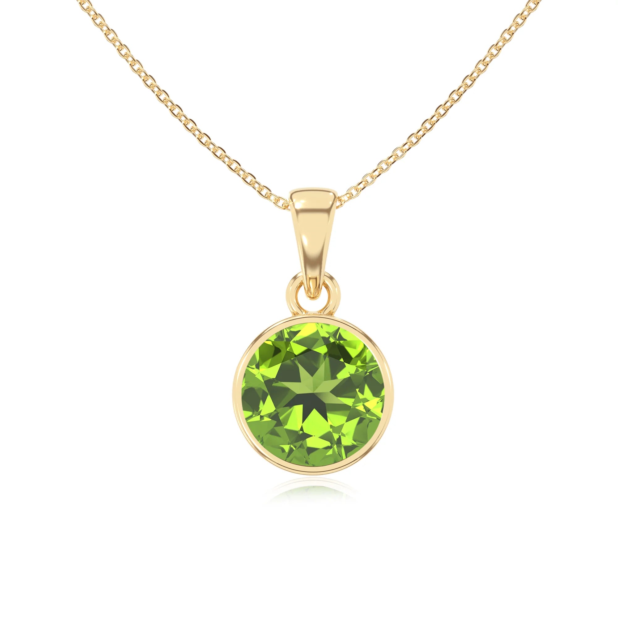 natural peridot round solitaire necklaces in yellow gold