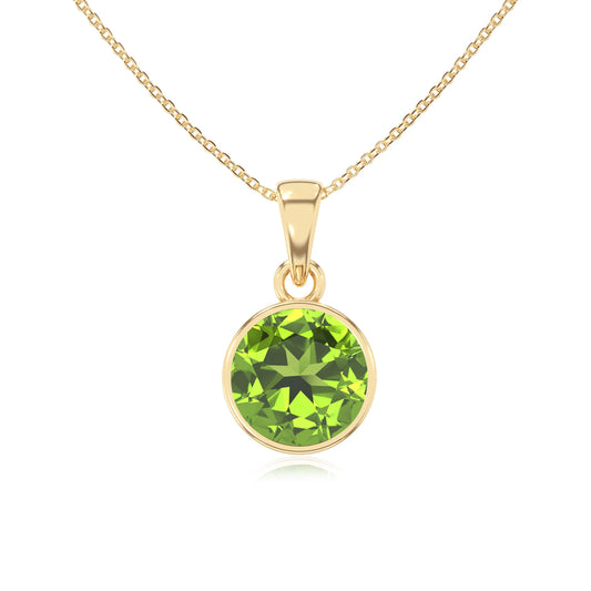 natural peridot round solitaire necklaces in yellow gold