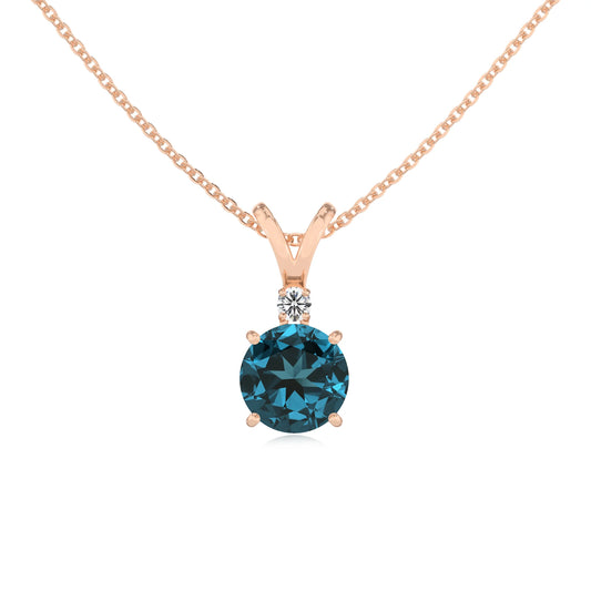 natural london-blue-topaz round solitaire v-bale necklaces in rose gold