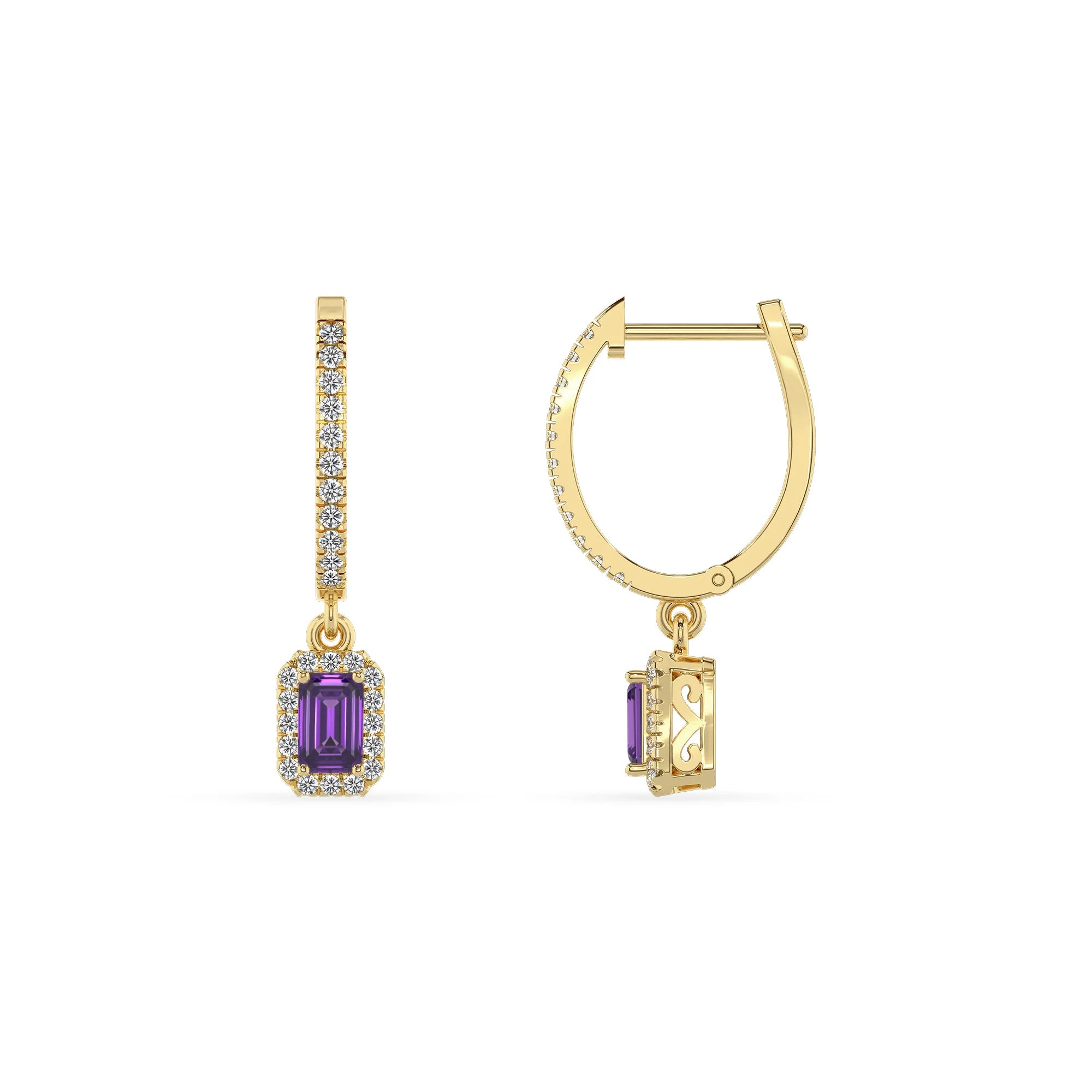 lab grown amethyst emerald cut drop earrings in yellow gold