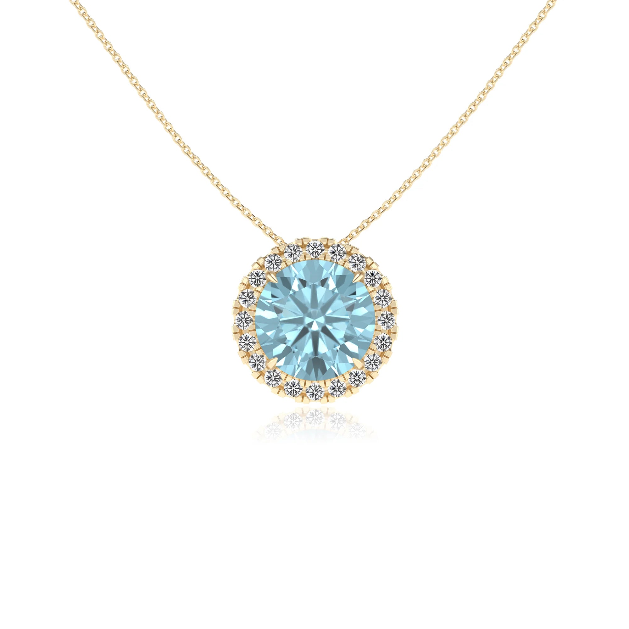 lab grown aquamarine round solitaire necklaces in yellow gold