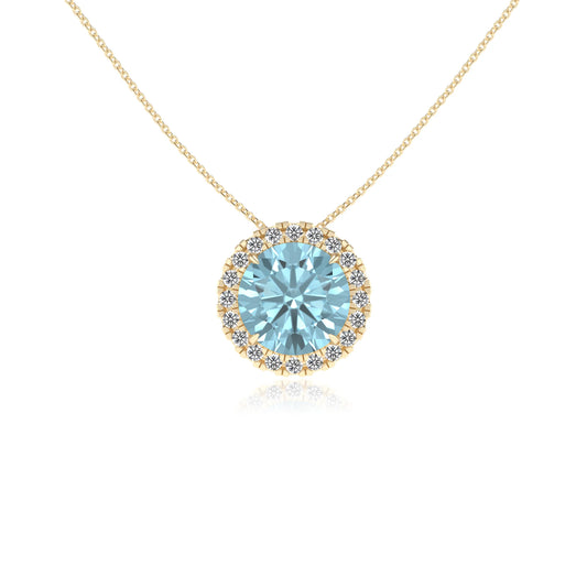 lab grown aquamarine round solitaire necklaces in yellow gold