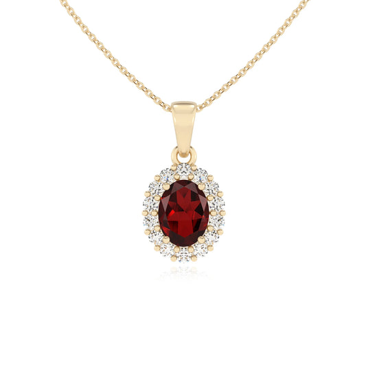 natural garnet oval solitaire necklaces in yellow gold