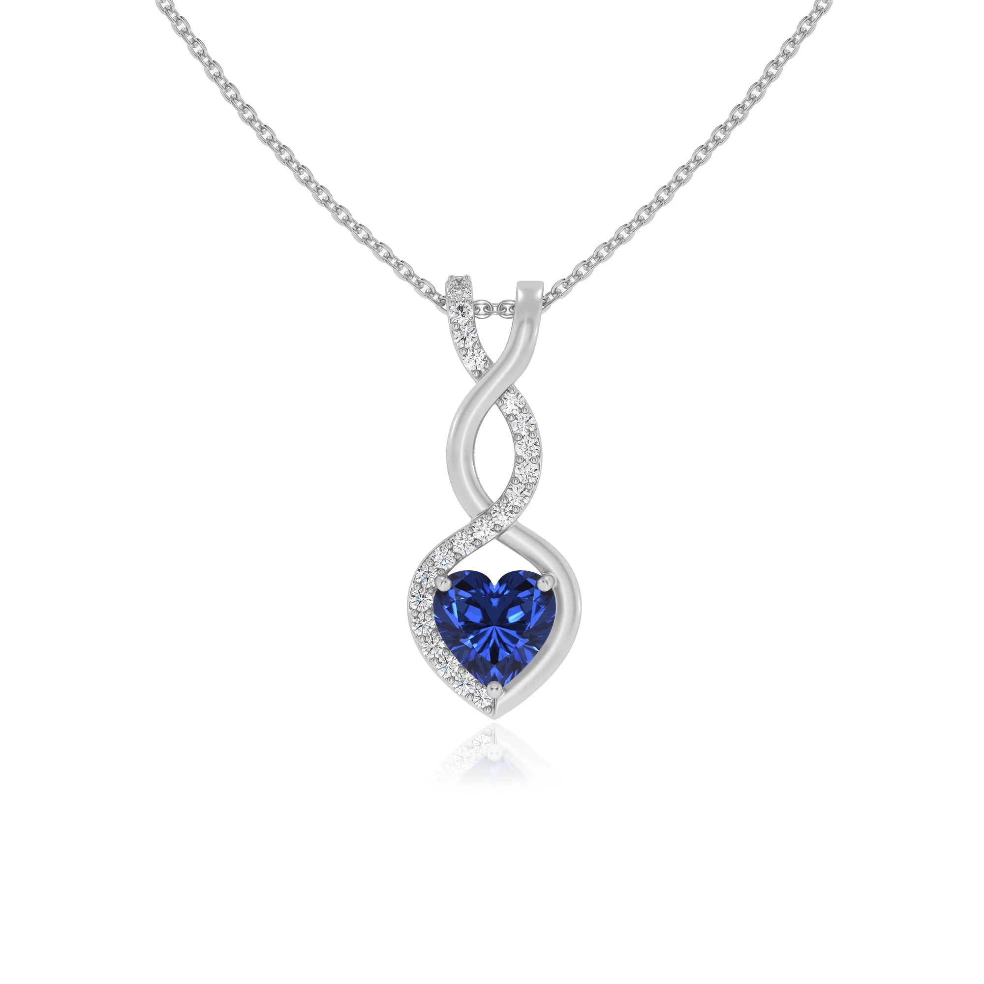 lab grown blue-sapphire heart infinity necklaces in platinum