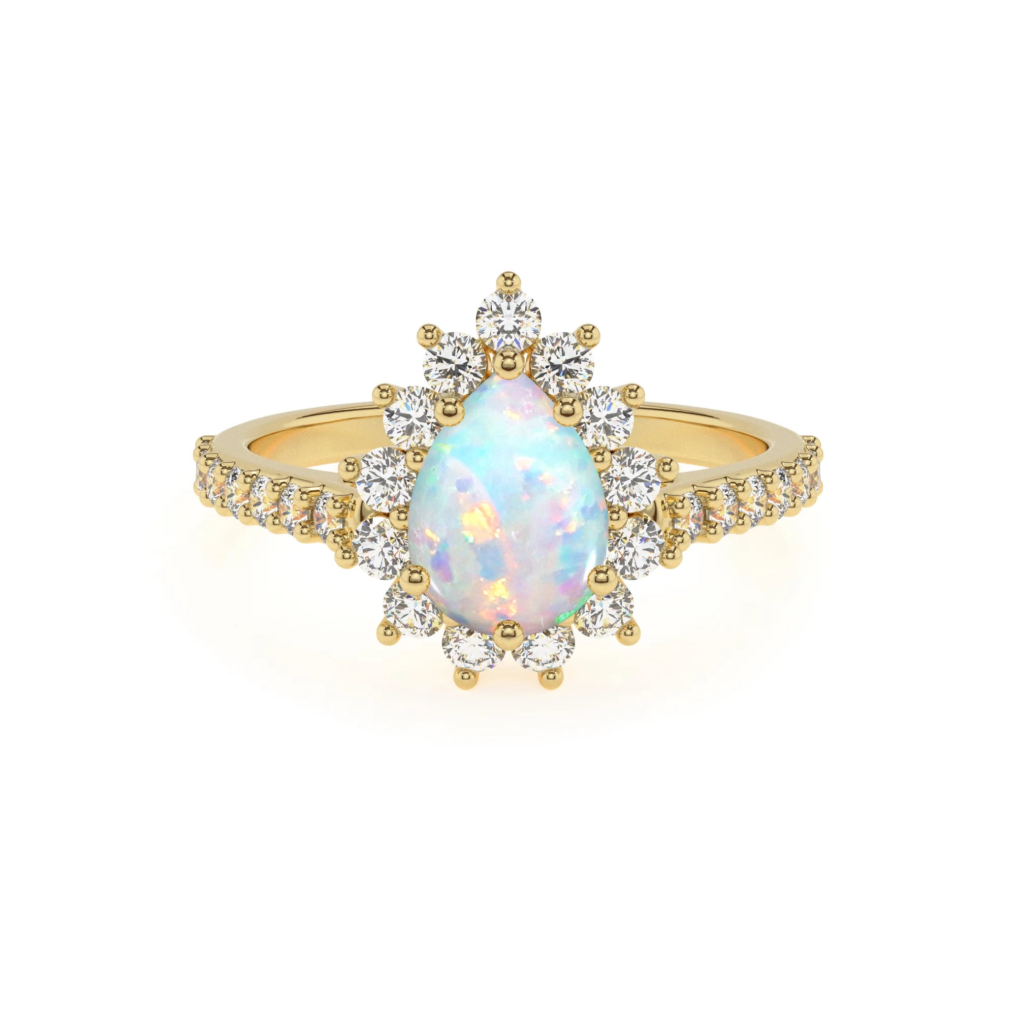 lab grown opal pear solitaire rings in yellow gold