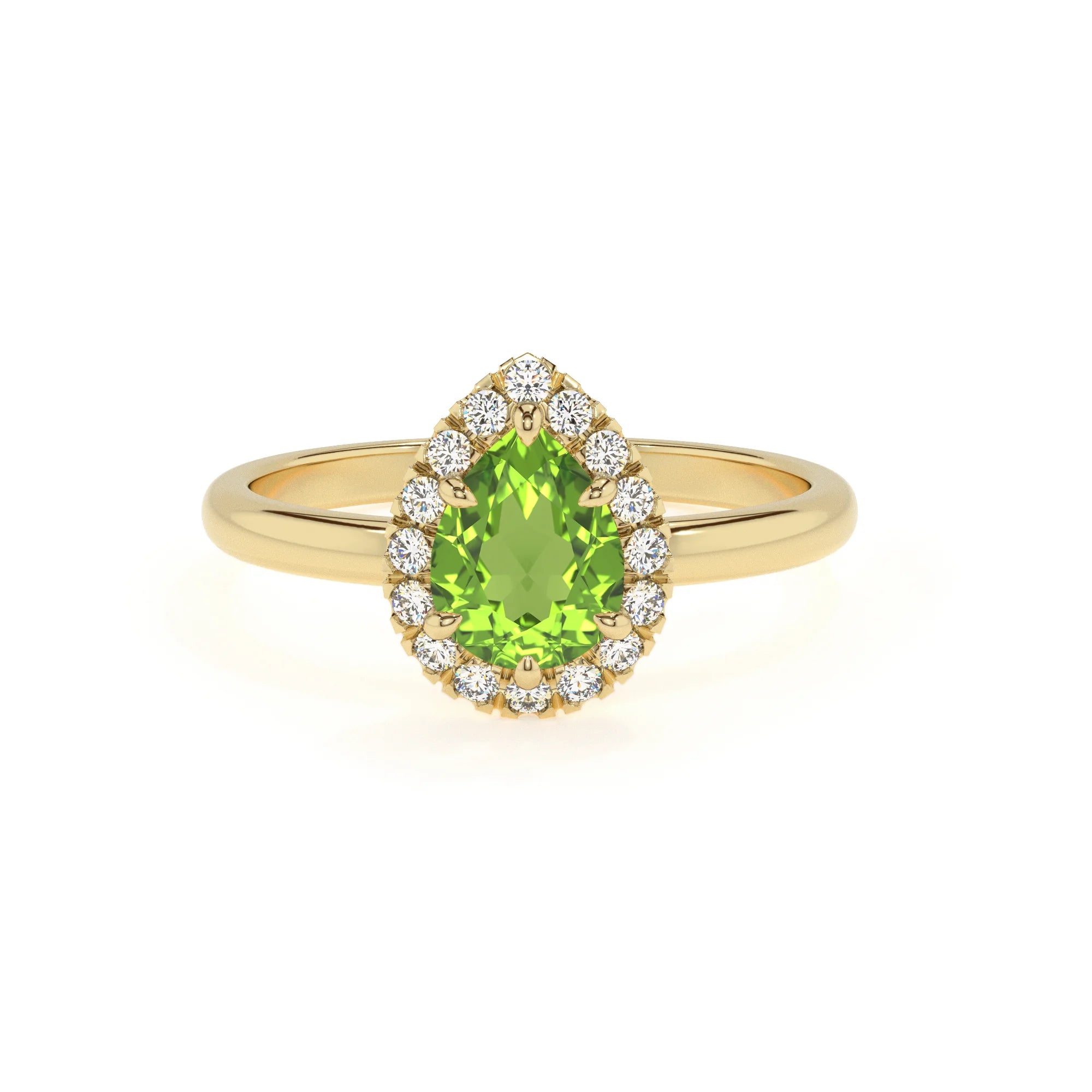 natural peridot pear solitaire rings in yellow gold