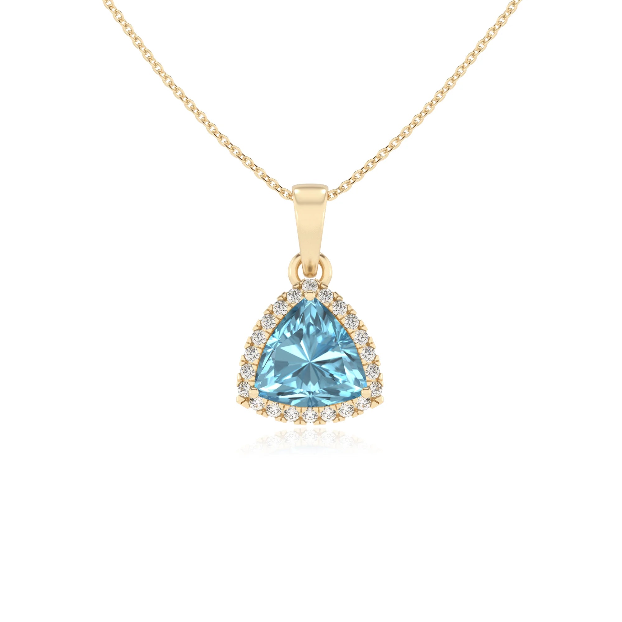 lab grown aquamarine trillion solitaire necklaces in yellow gold
