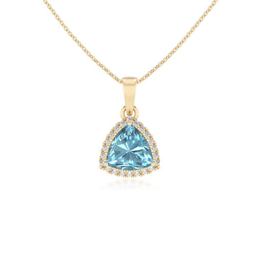 lab grown aquamarine trillion solitaire necklaces in yellow gold