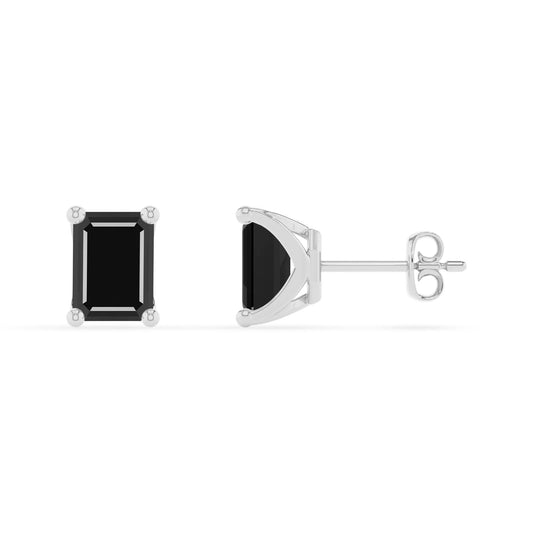 natural black onyx emerald cut stud earrings in platinum