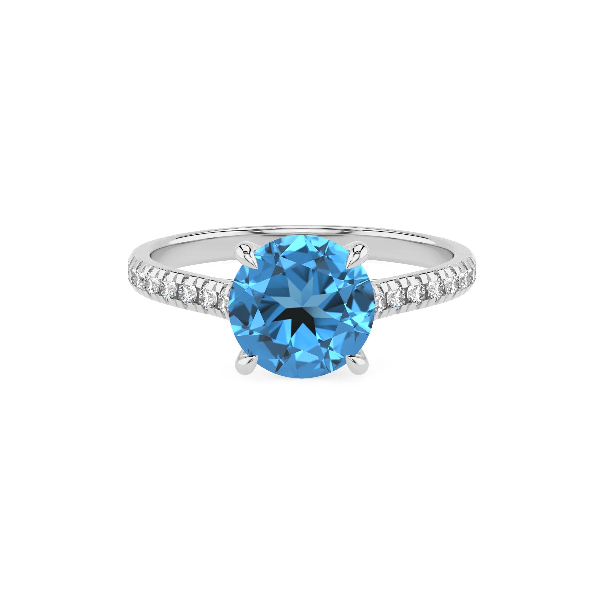 natural swiss-blue-topaz round half eternity solitaire engagement rings in sterling silver