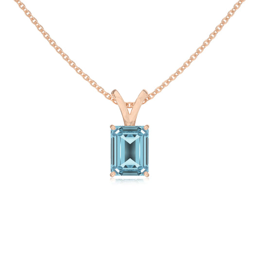 lab grown aquamarine emerald cut solitaire v-bale necklaces in rose gold