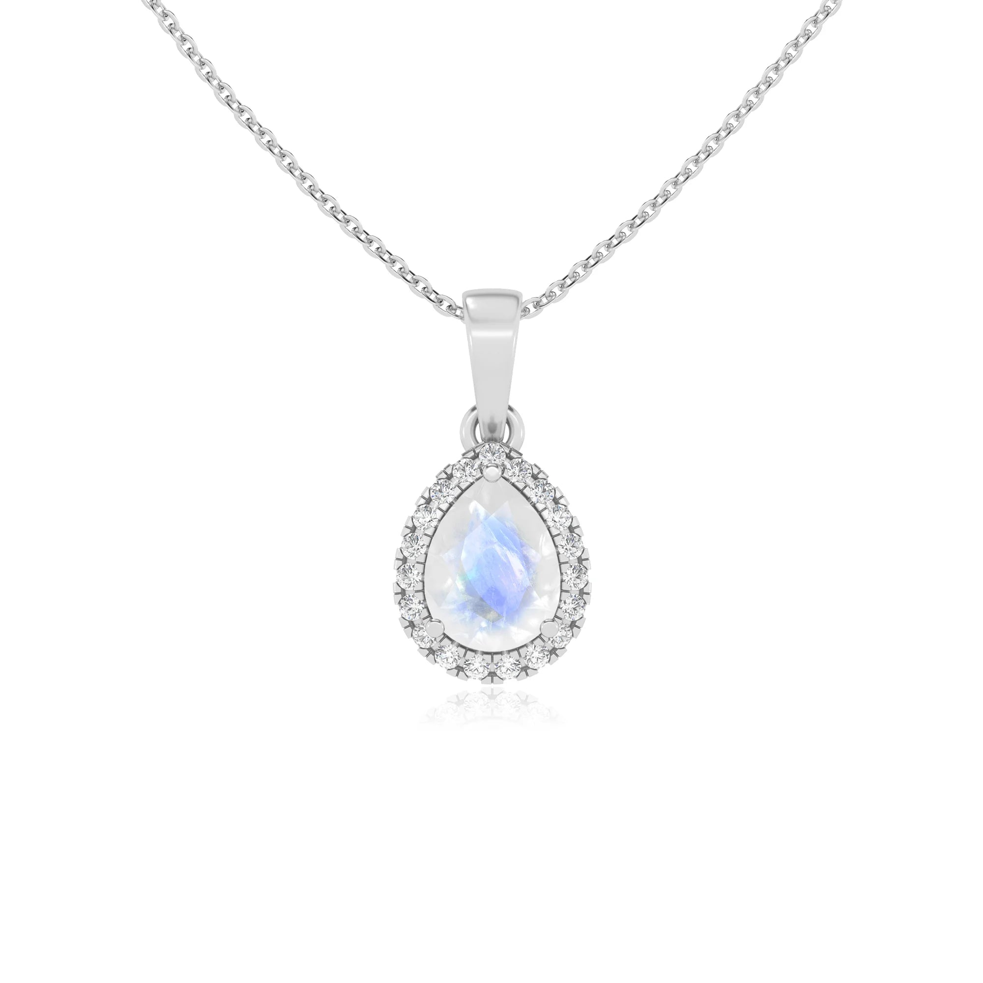 natural rainbow-moonstone pear solitaire necklaces in sterling silver