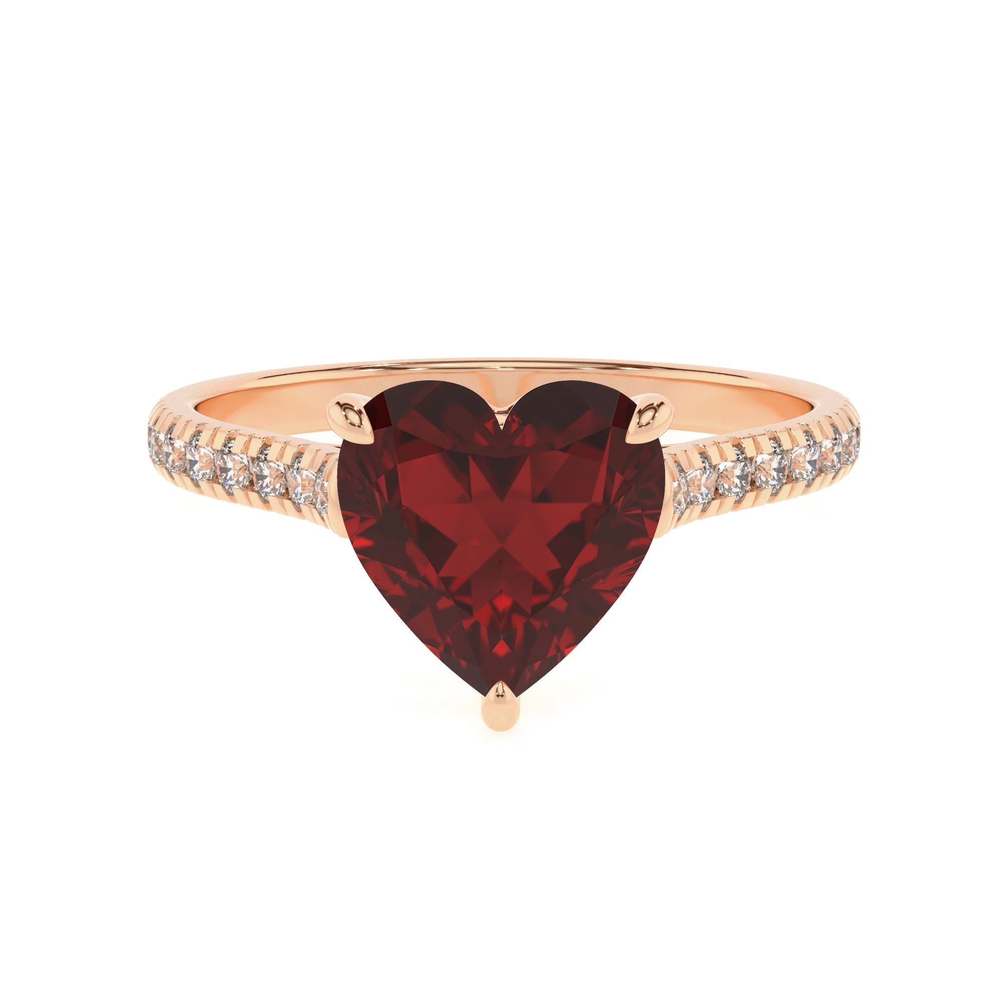 natural garnet heart half eternity solitaire engagement rings in rose gold