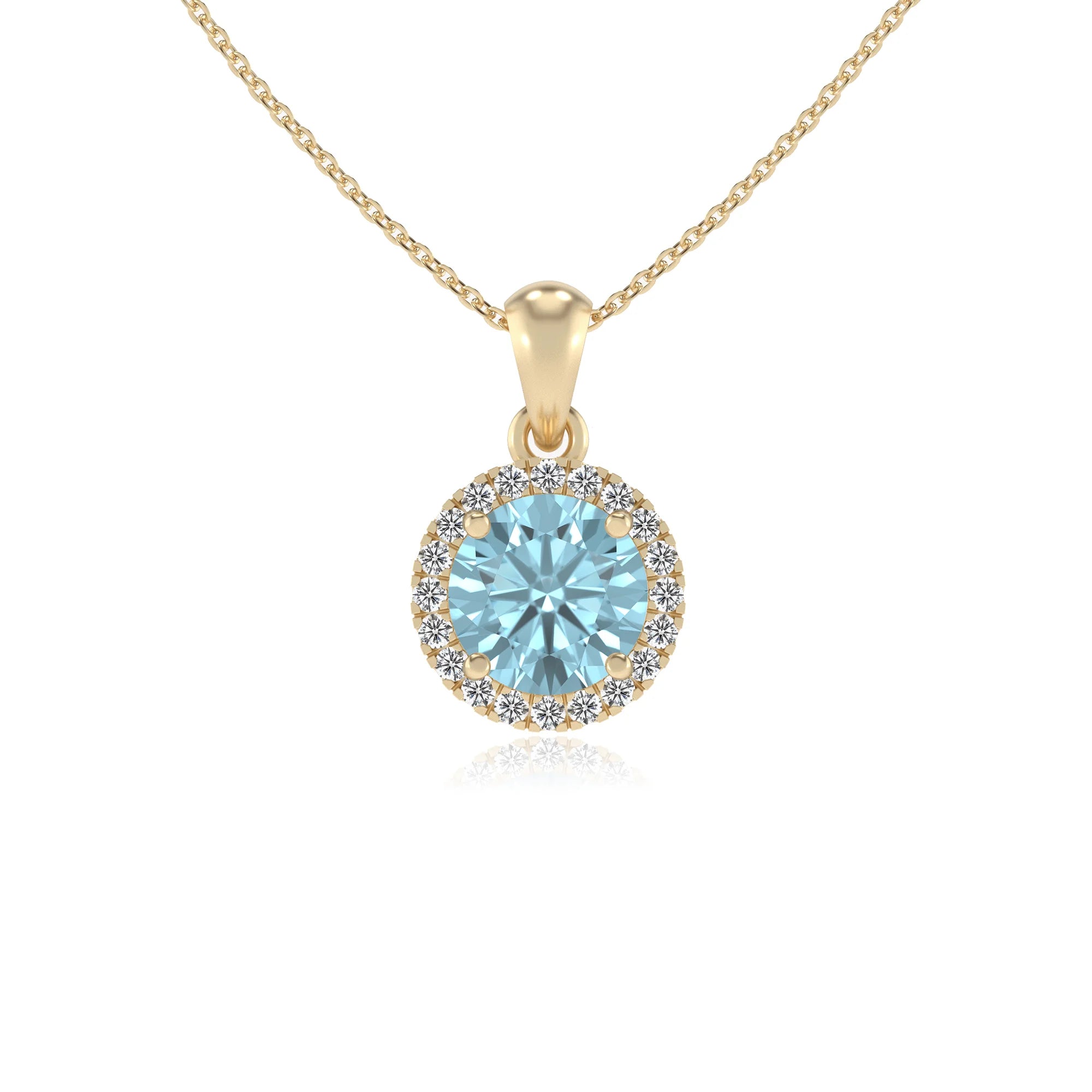 lab grown aquamarine round solitaire necklaces in yellow gold