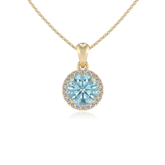 lab grown aquamarine round solitaire necklaces in yellow gold