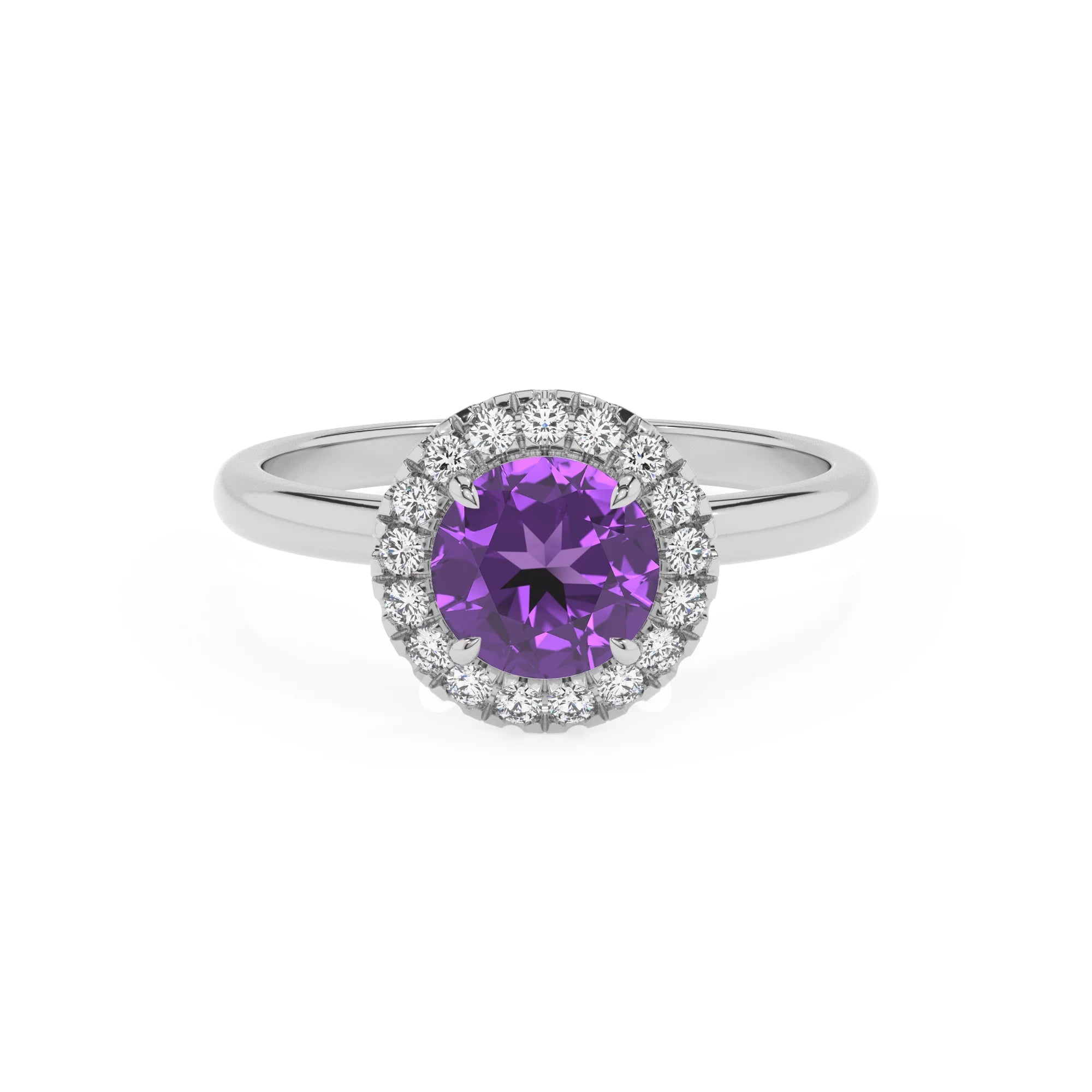 lab grown amethyst round solitaire rings in sterling silver