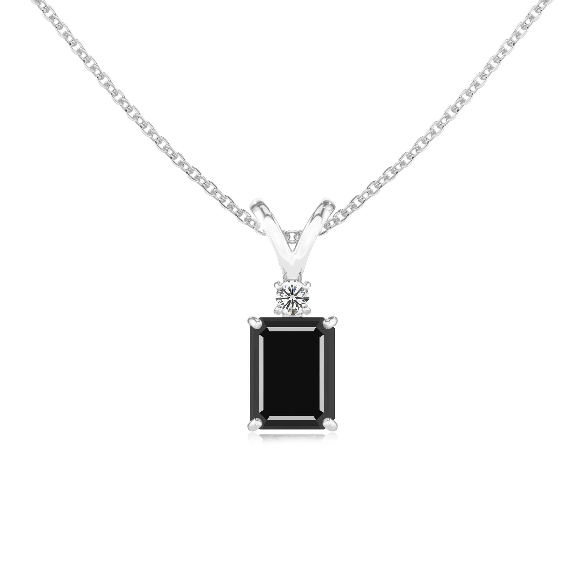 natural black-onyx emerald cut solitaire v-bale necklaces in white gold
