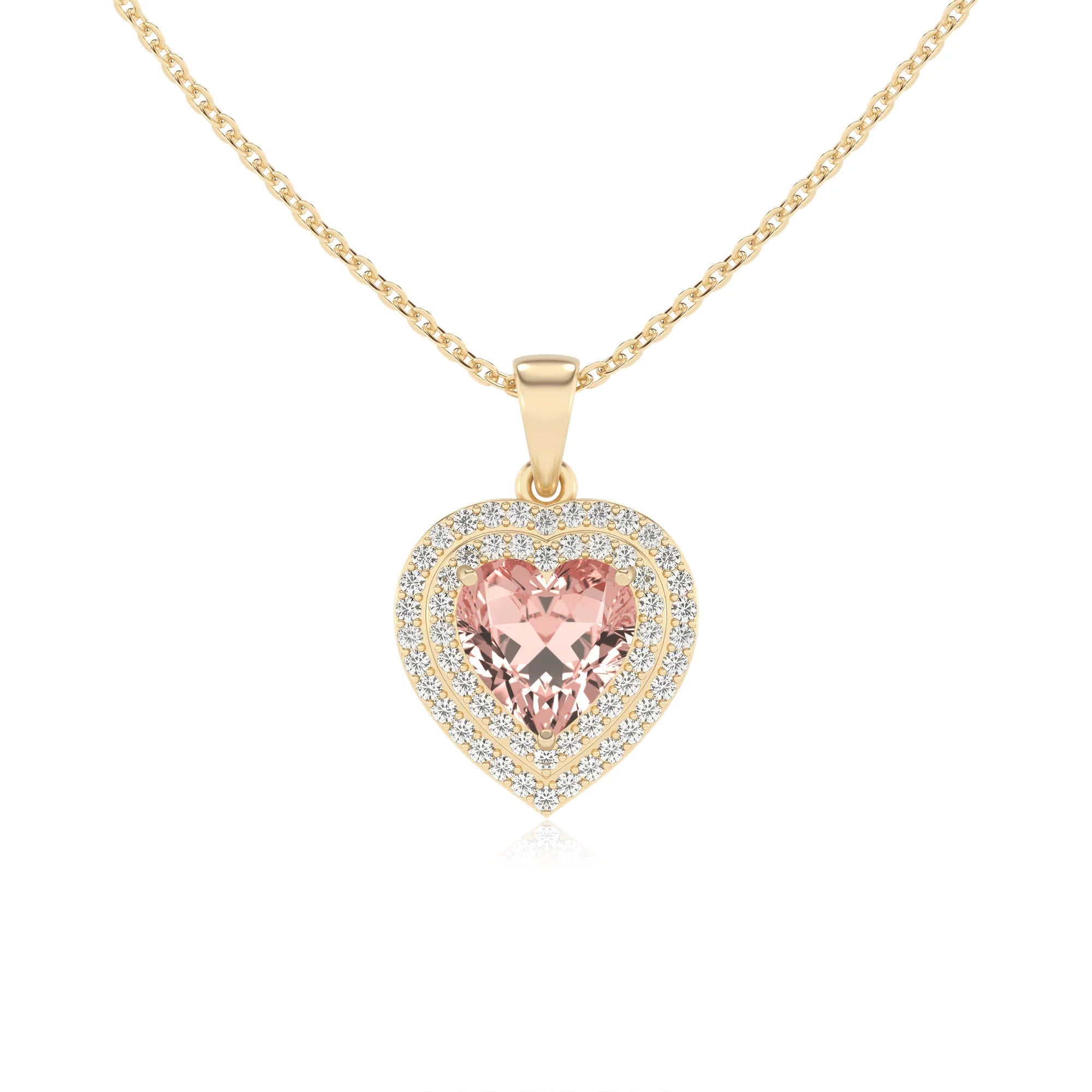 lab grown morganite heart halo necklaces in yellow gold