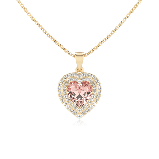 lab grown morganite heart halo necklaces in yellow gold