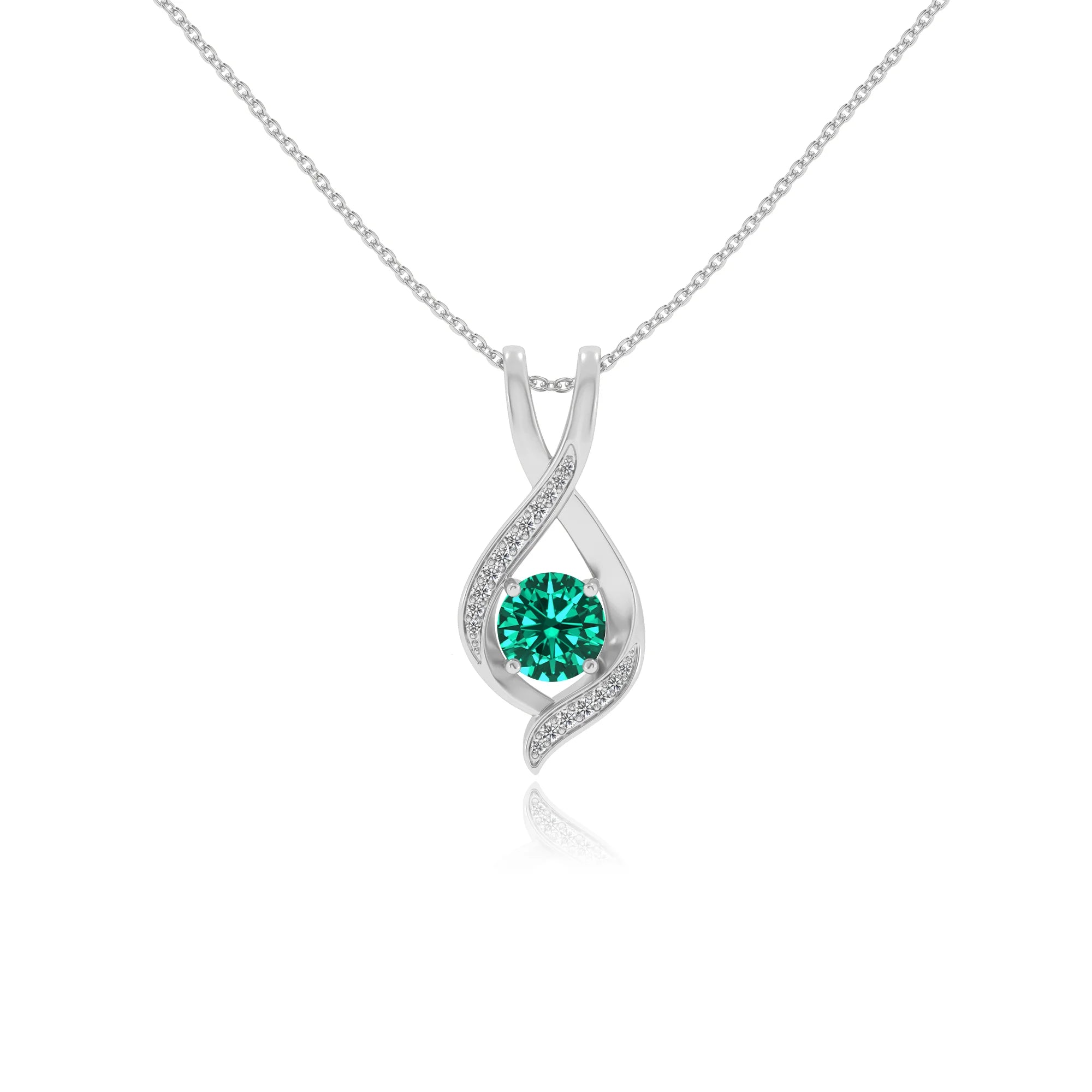 lab grown emerald round solitaire necklaces in white gold