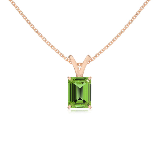 natural peridot emerald cut solitaire v-bale necklaces in rose gold