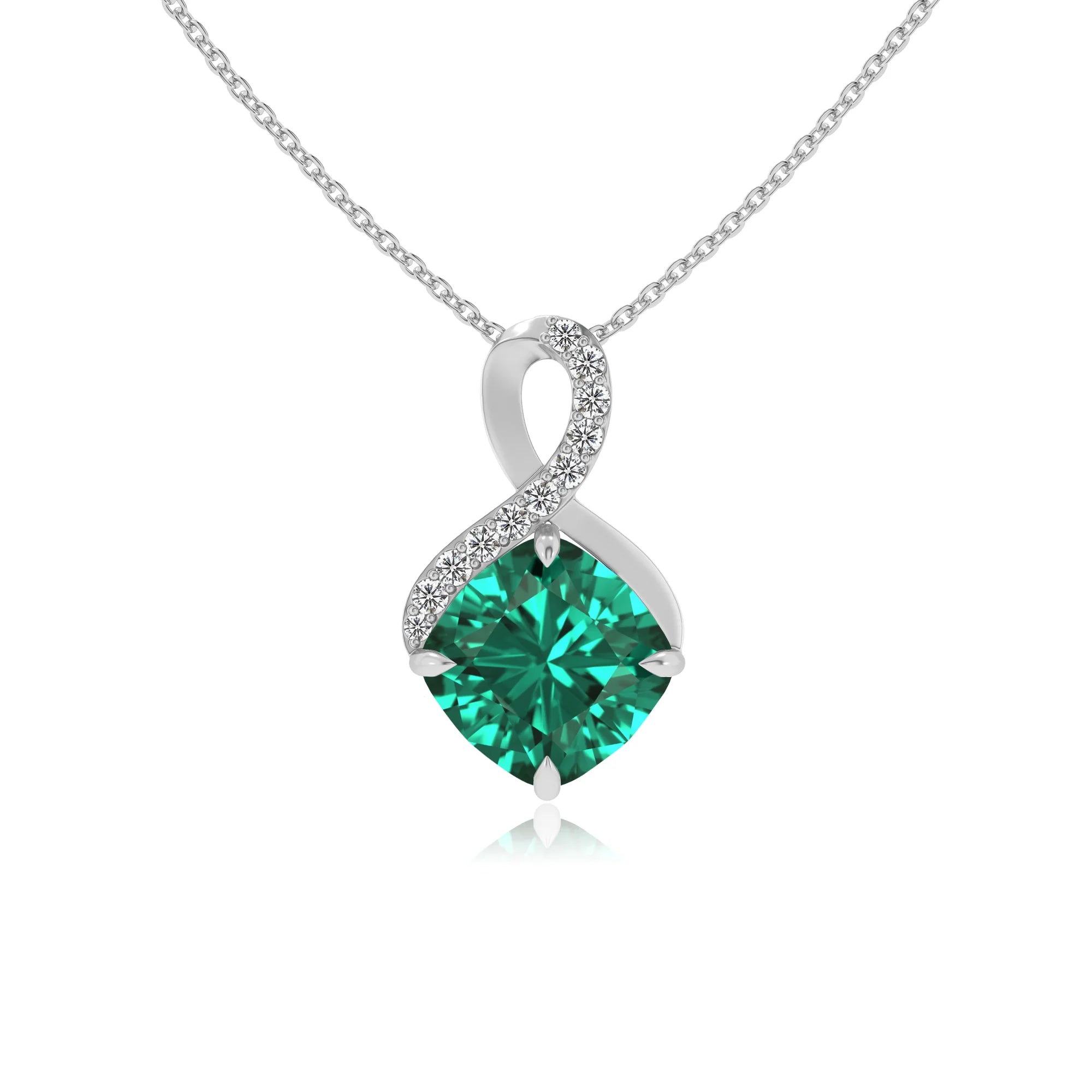 lab grown emerald cushion infinity necklaces in white gold