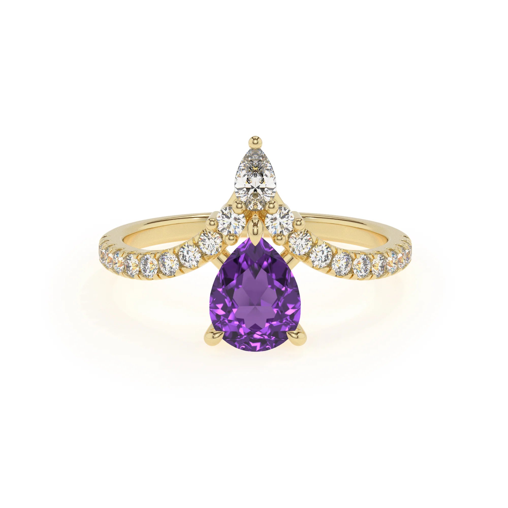 lab grown amethyst pear solitaire rings in yellow gold