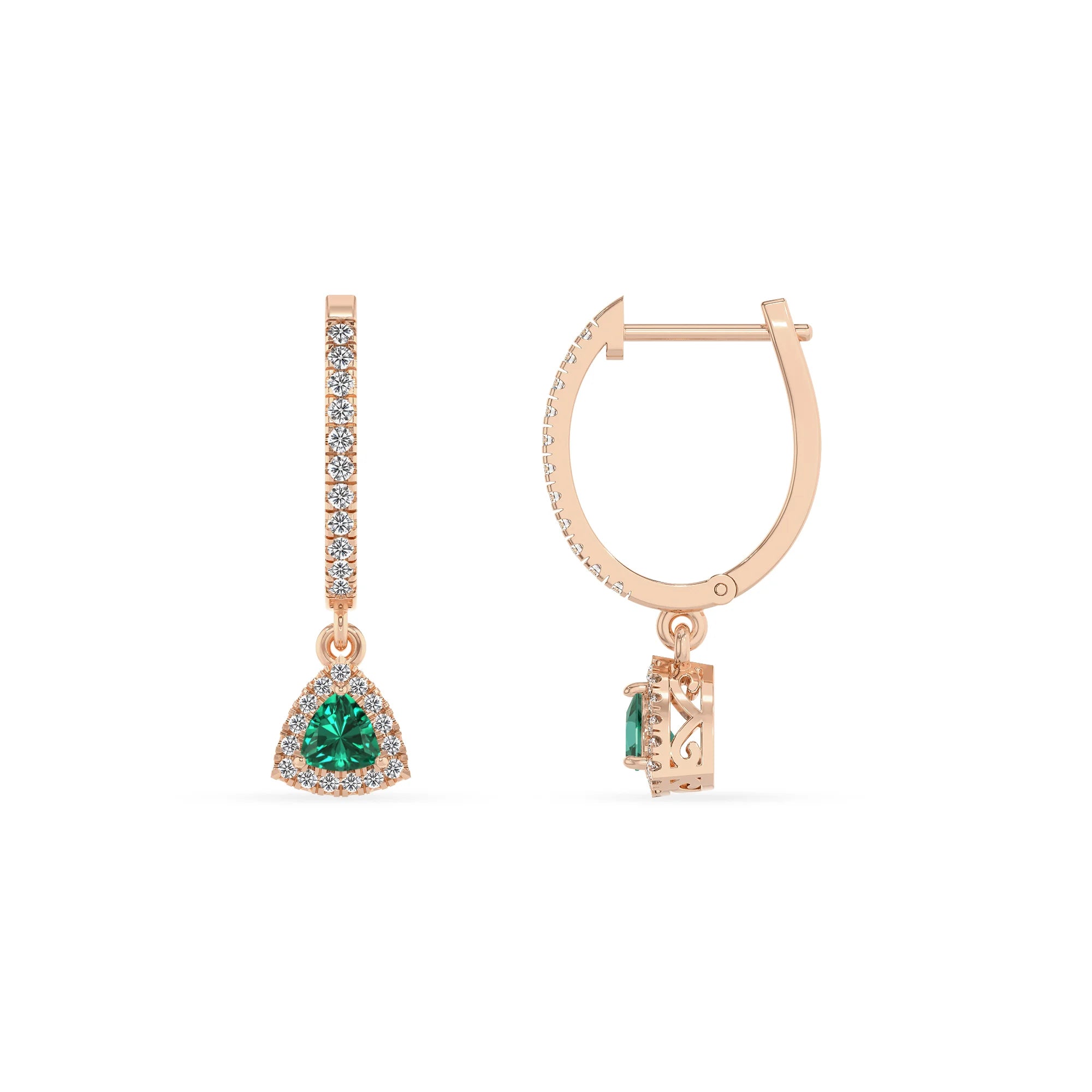 lab grown emerald trillion drop earrings in rose gold