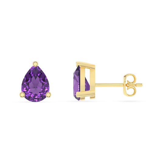 lab grown amethyst pear stud earrings in yellow gold
