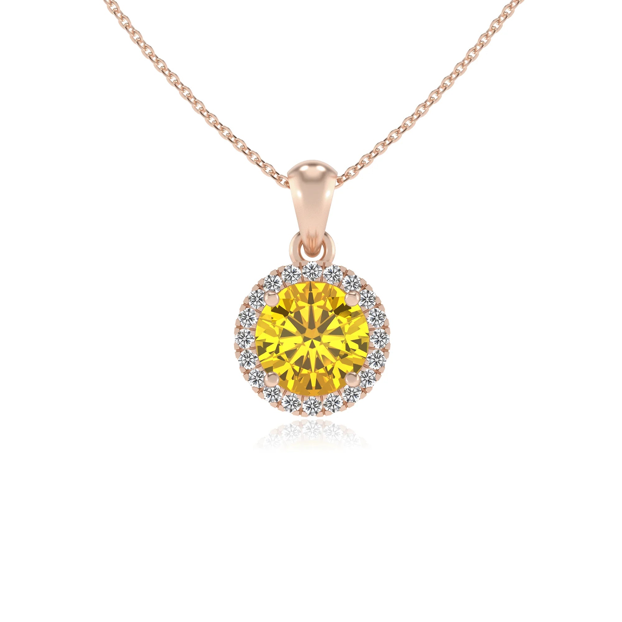 lab grown yellow-sapphire round solitaire necklaces in rose gold