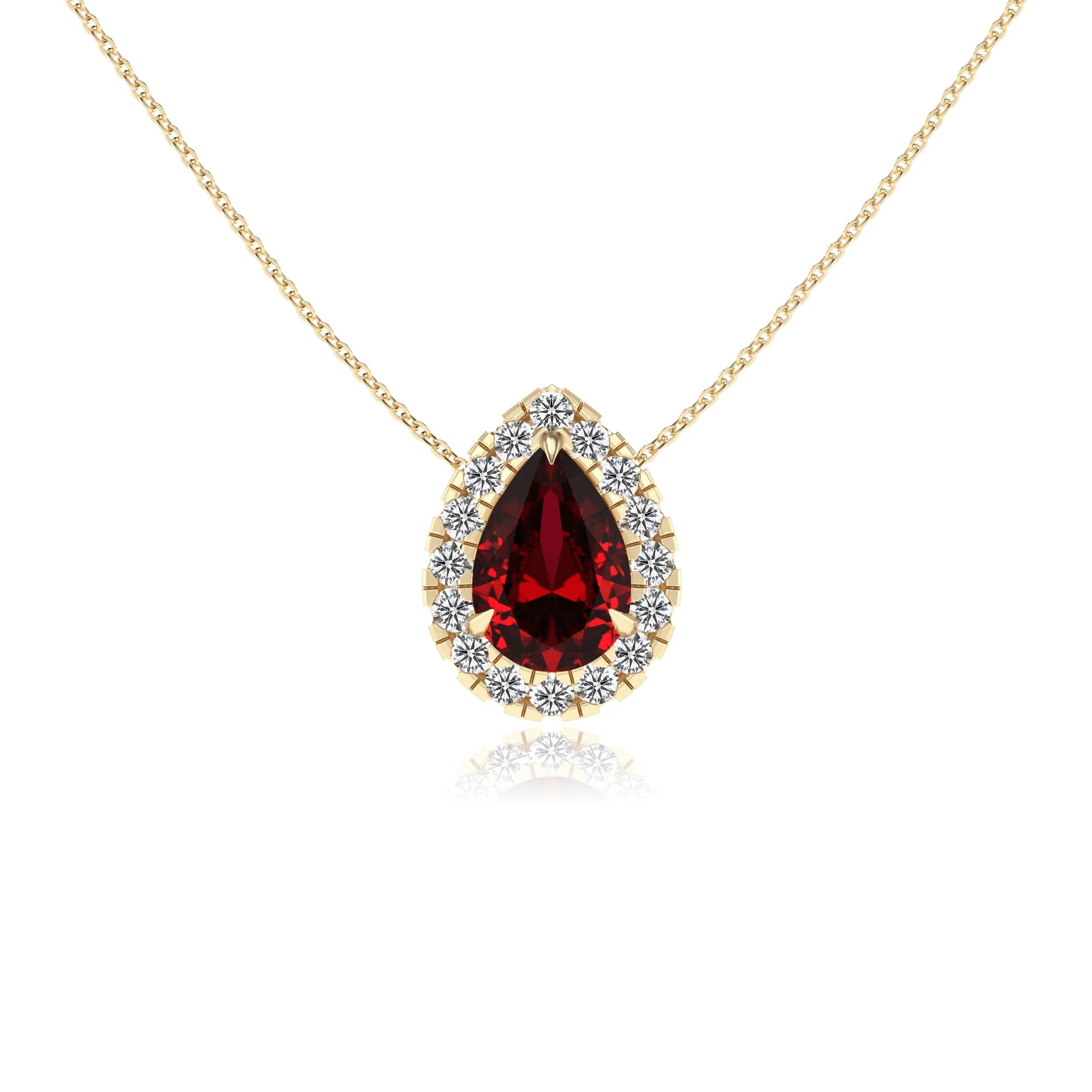 lab grown ruby pear solitaire necklaces in yellow gold
