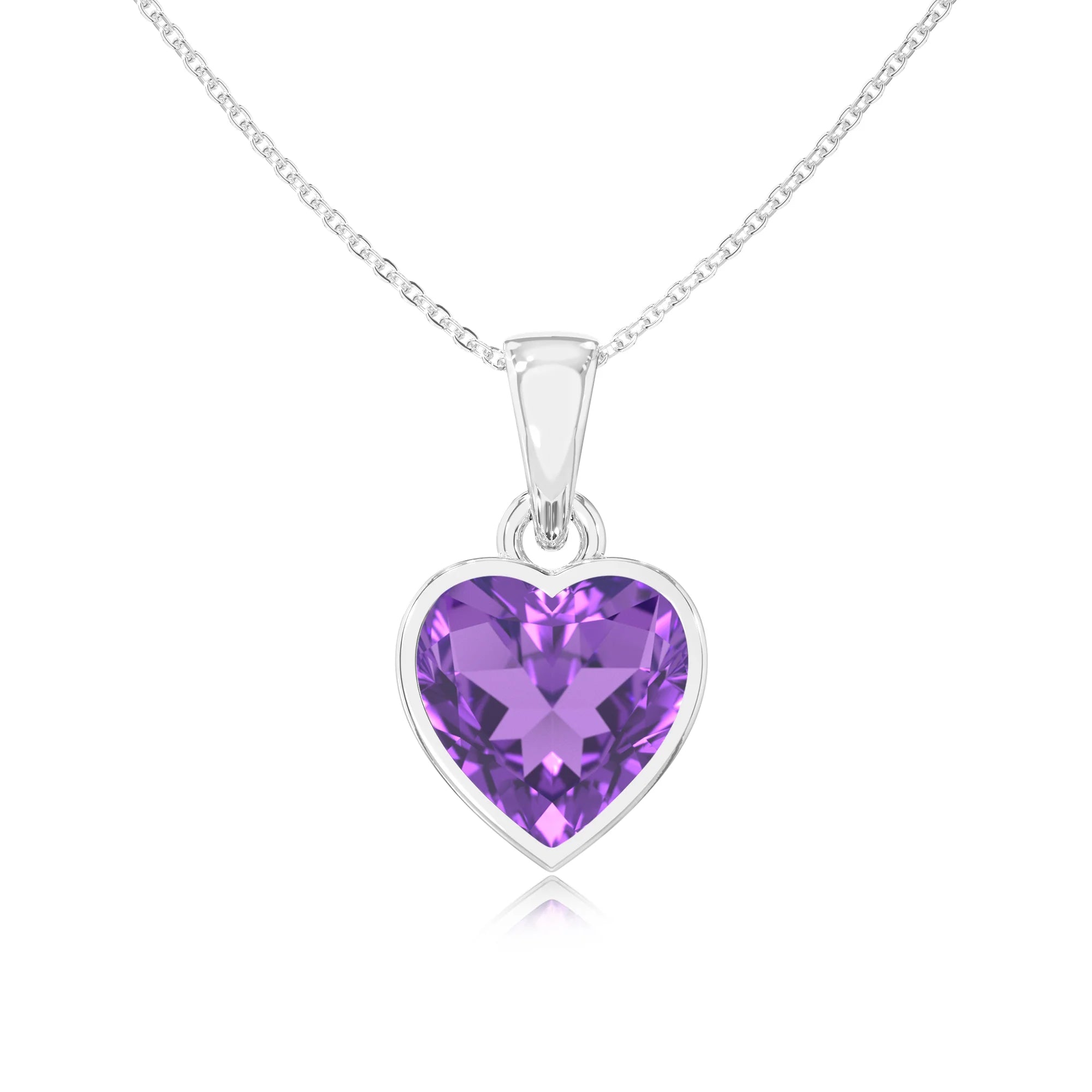 lab grown amethyst heart solitaire necklaces in white gold