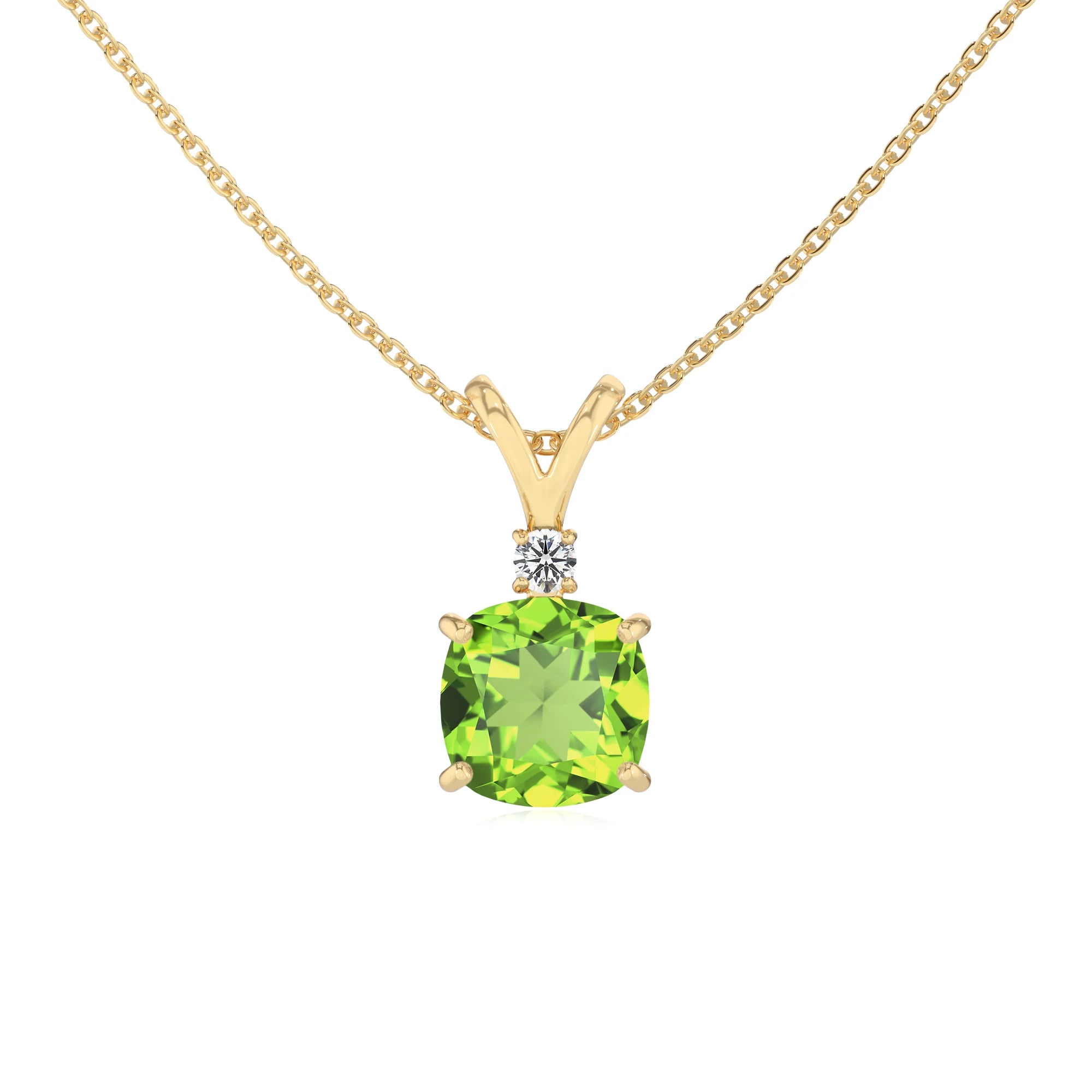 natural peridot cushion solitaire v-bale necklaces in yellow gold